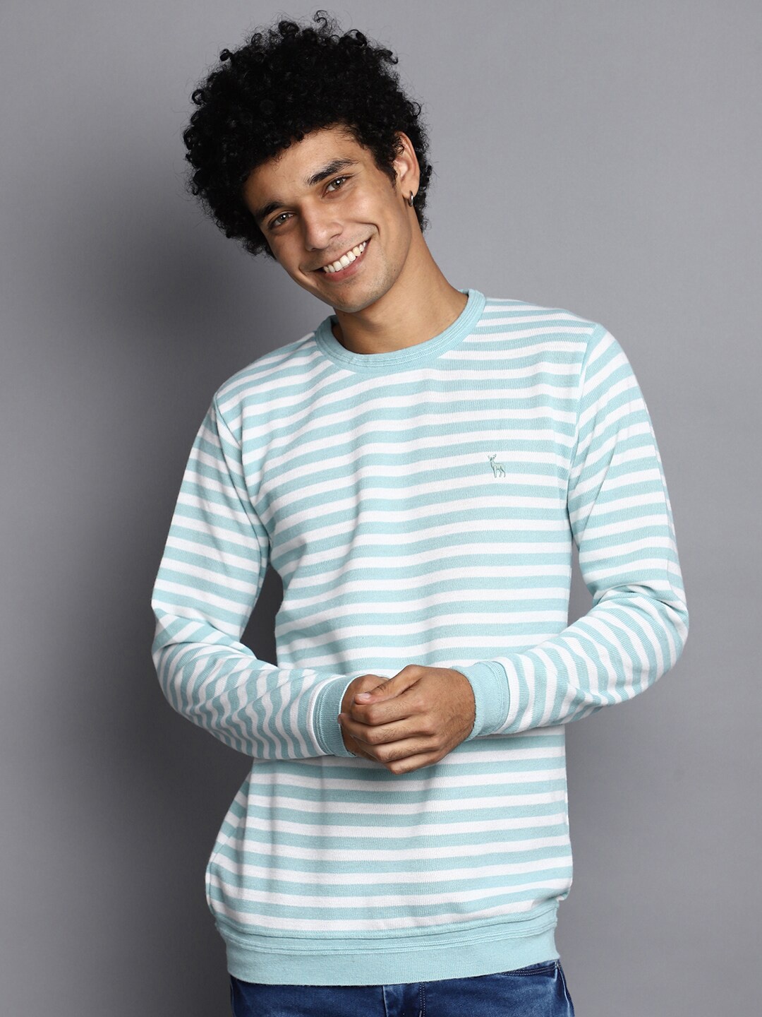 

V-Mart Striped Round Neck Cotton Pullover, Sea green