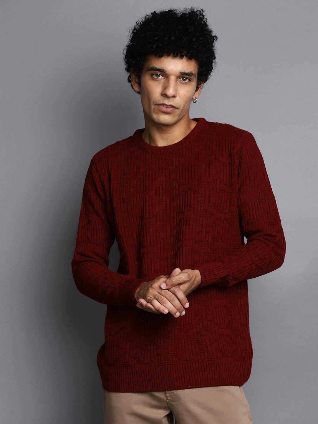 

V-Mart Cable Knit Self Design Pullover Sweater, Maroon