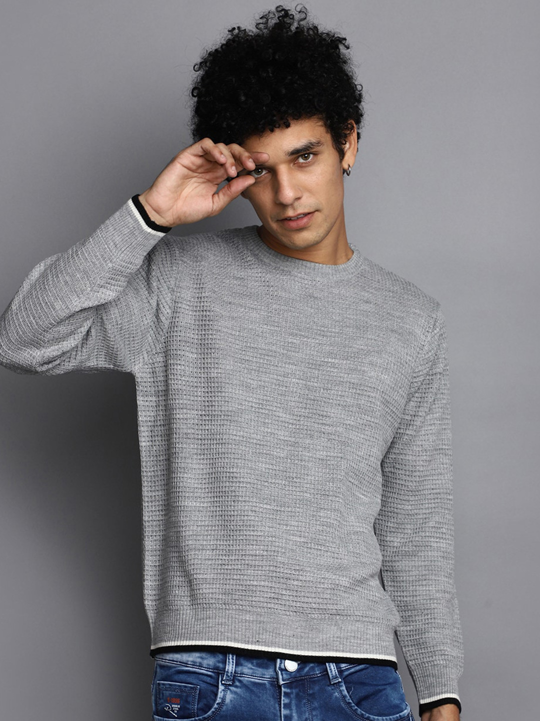 

V-Mart Checked Cotton Pullover, Grey