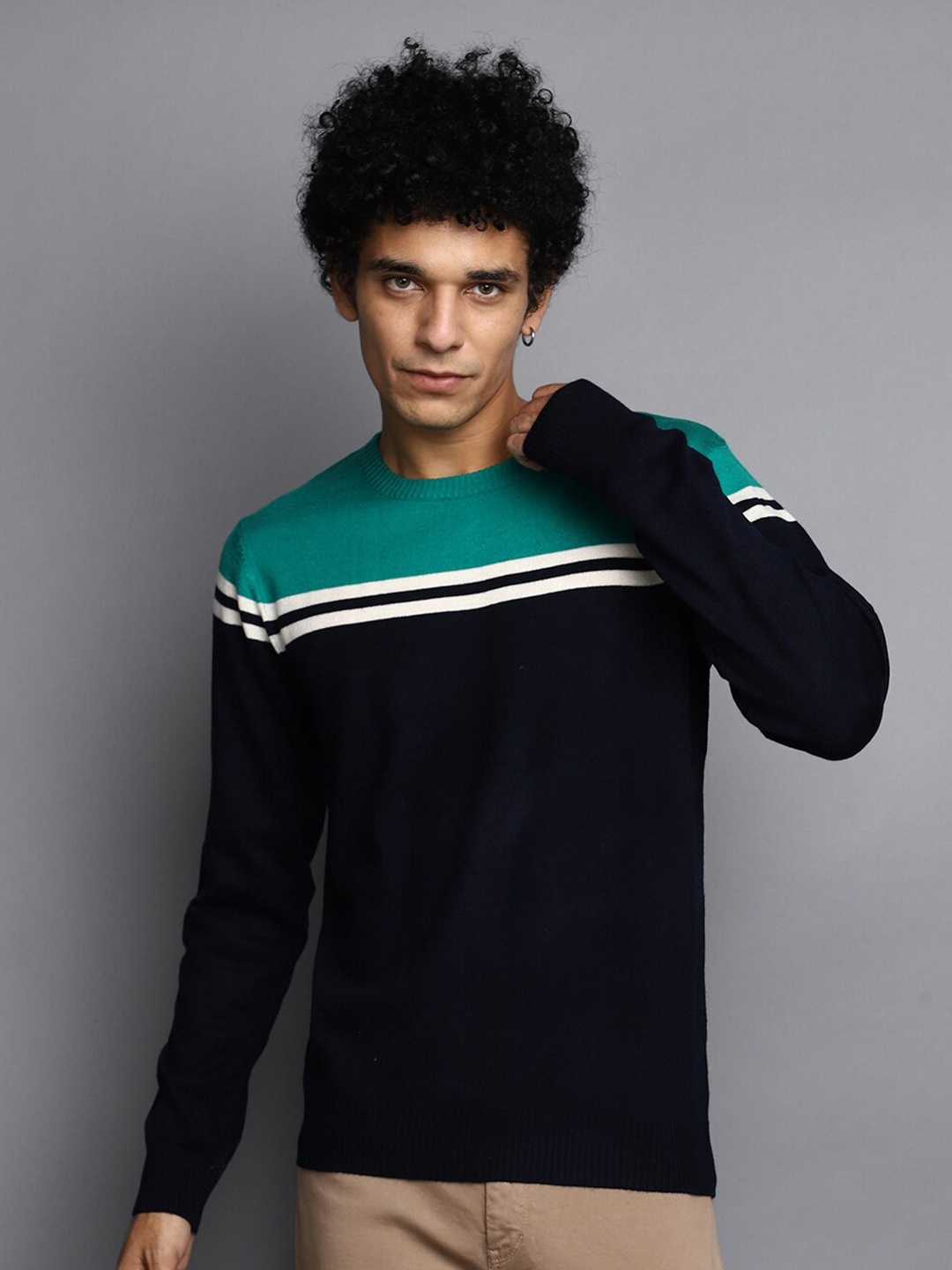 

V-Mart Striped Cotton Pullover Sweater, Green