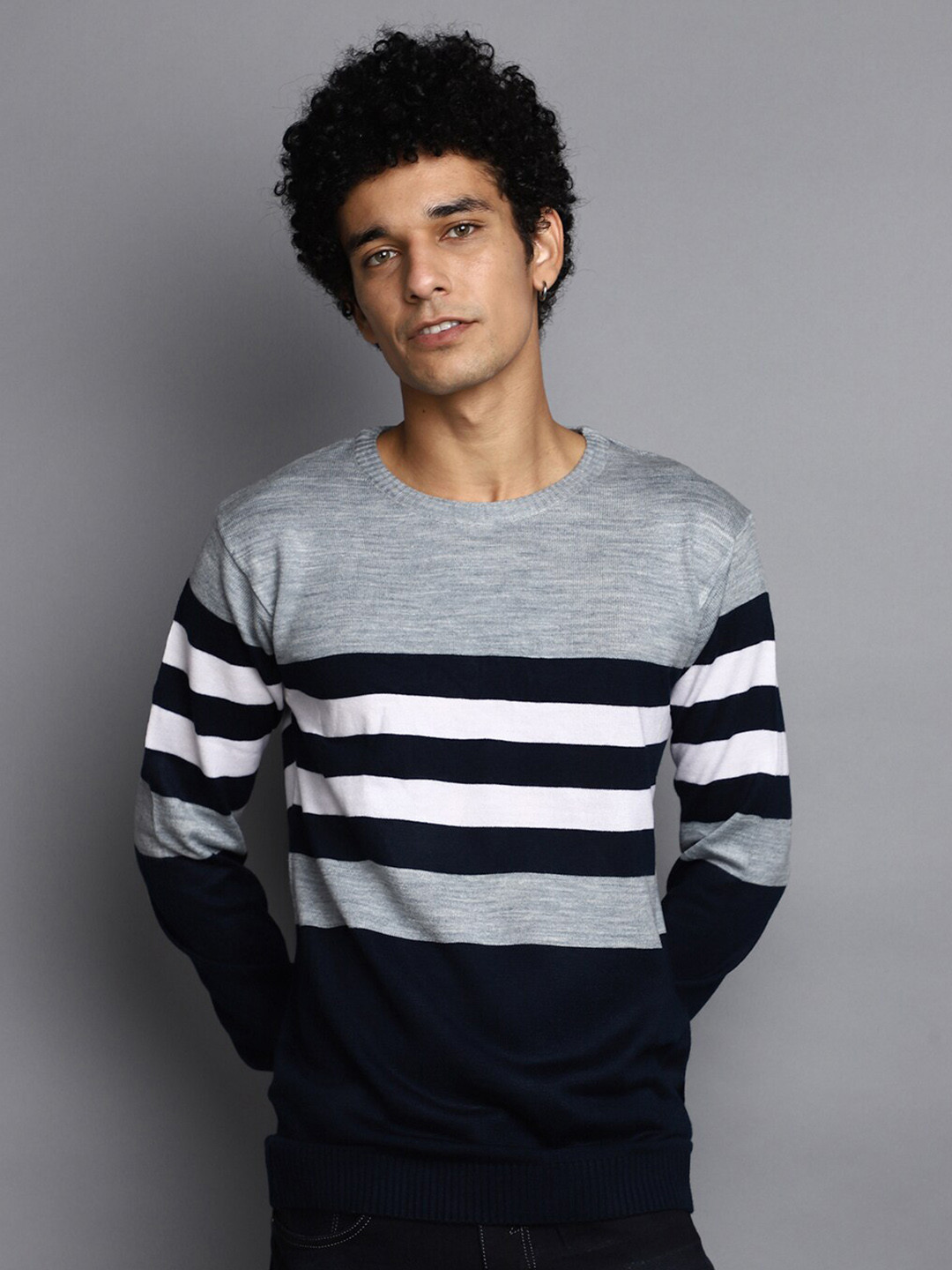

V-Mart Striped Acrylic Pullover Sweater, Grey