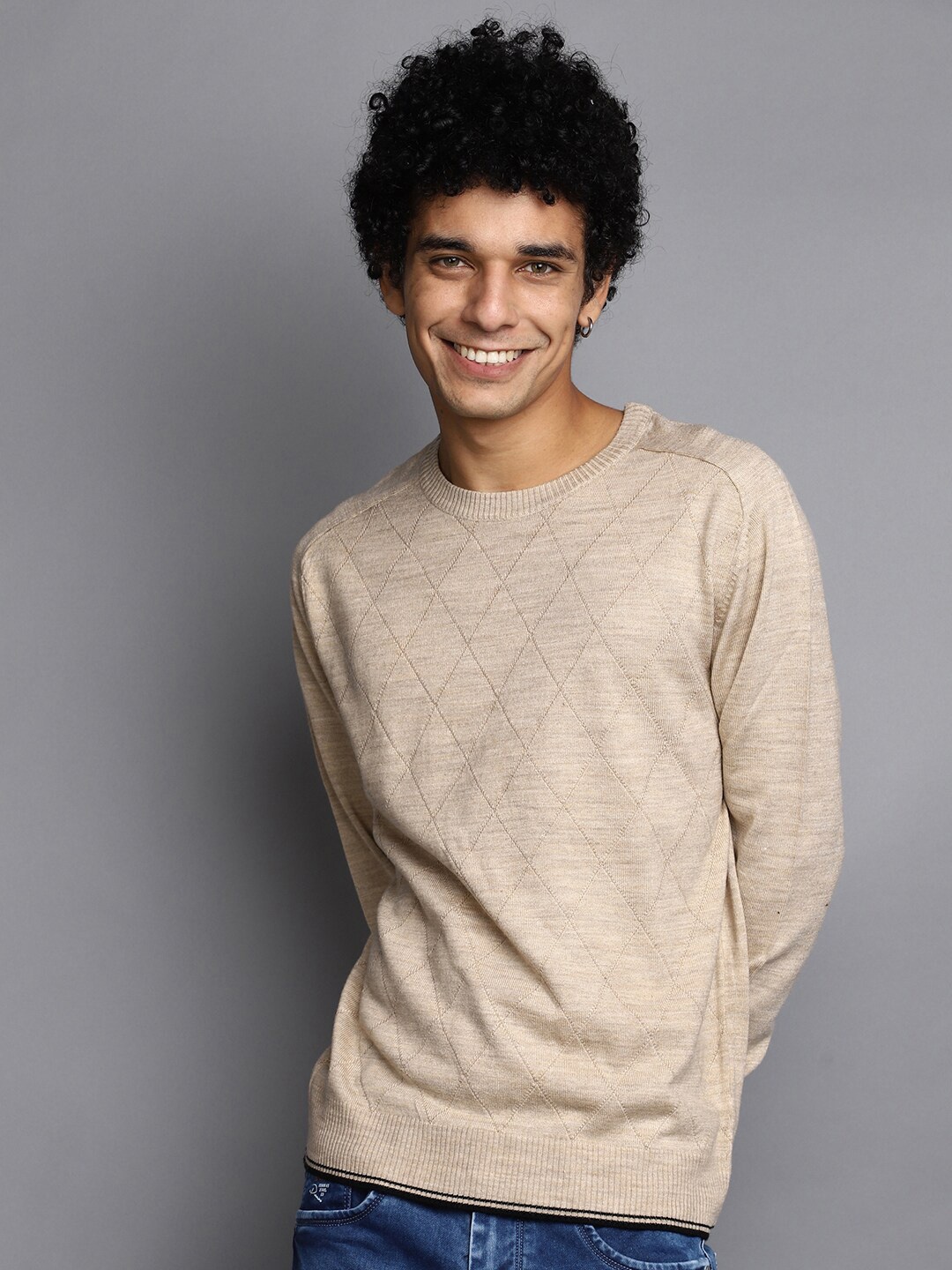 

V-Mart Cable Knit Self Design Cotton Pullover Sweater, Beige