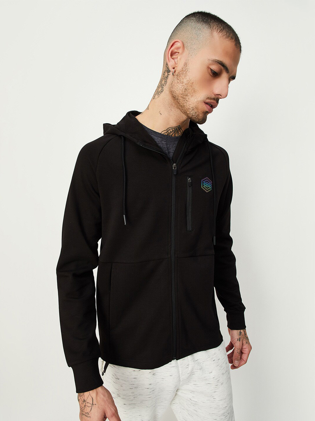 

max Hooded Neck Long Sleeve Zip Detail Front-Open Sweatshirt, Black