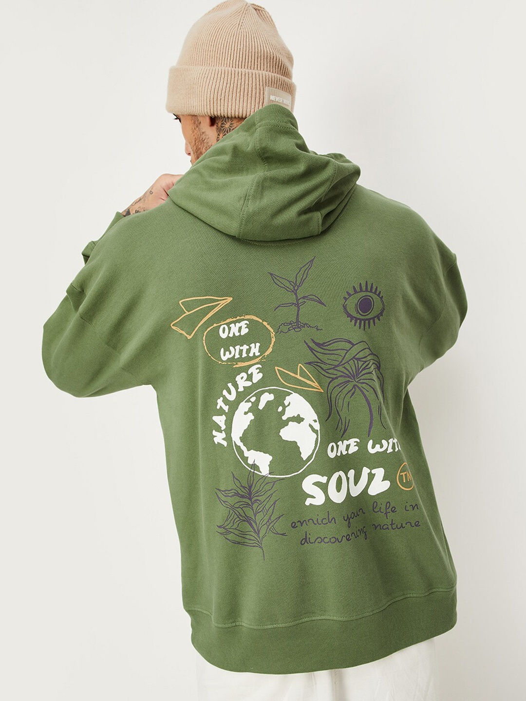 

max Graphic Printed Hooded Neck Long Sleeve Pure Cotton Pullover Sweatshirt, Green