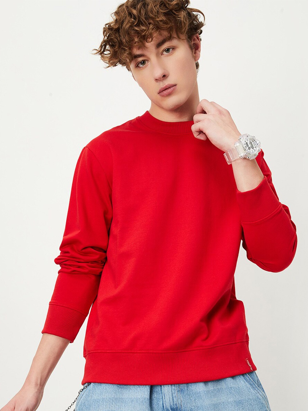 

max Round Neck Cotton Sweatshirt, Red