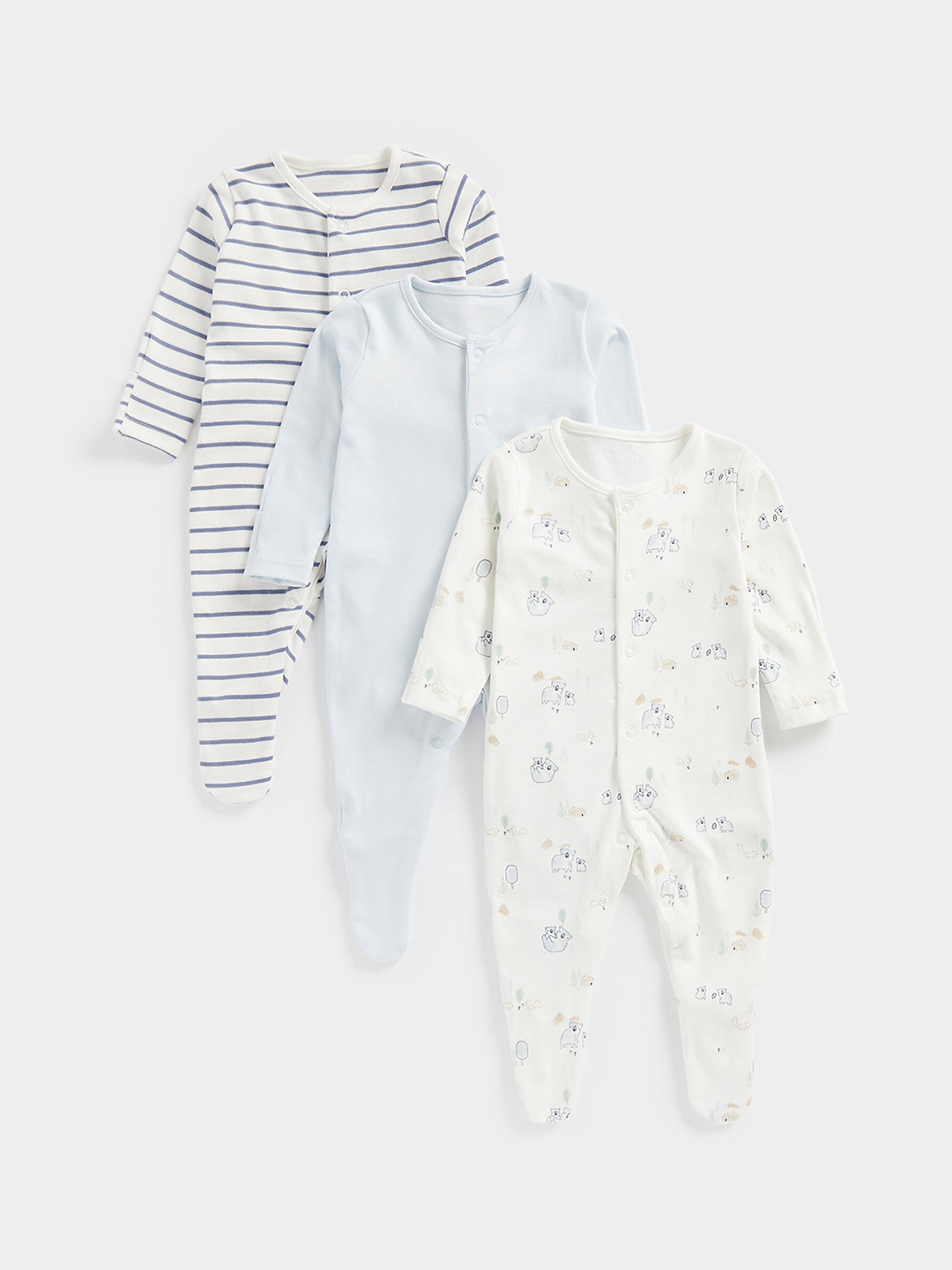 

mothercare Infant Kids Pack Of 3 Printed Pure Cotton Sleepsuits, White
