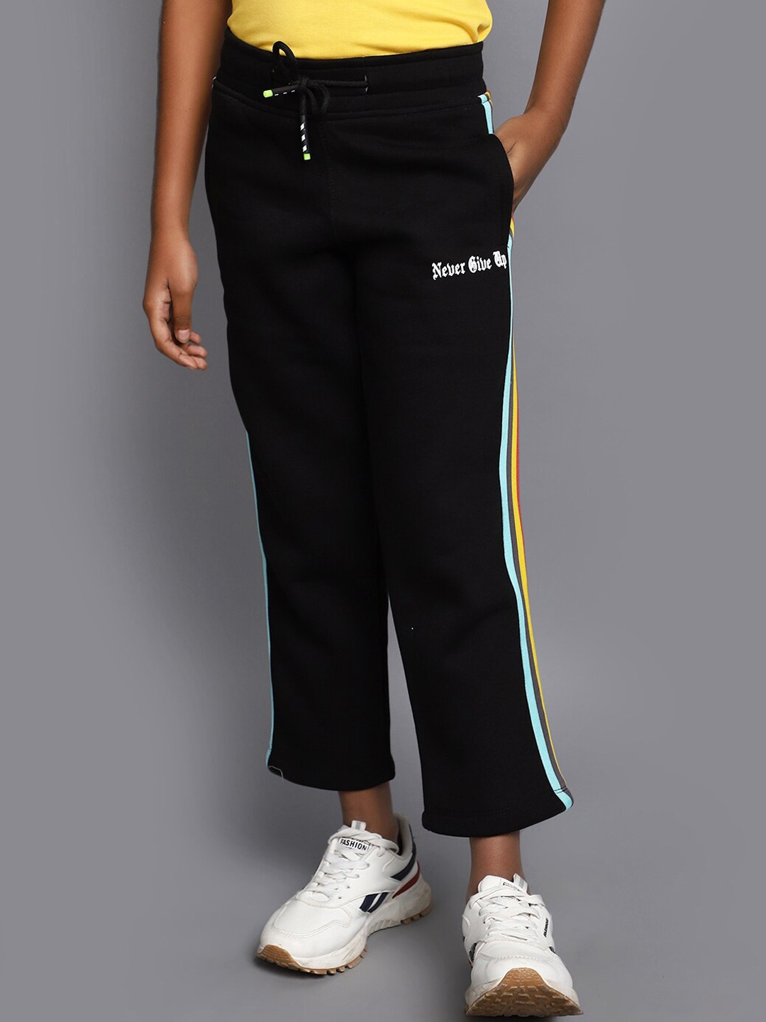 

V-Mart Boys Striped Mid-Rise Cotton Track Pants, Black