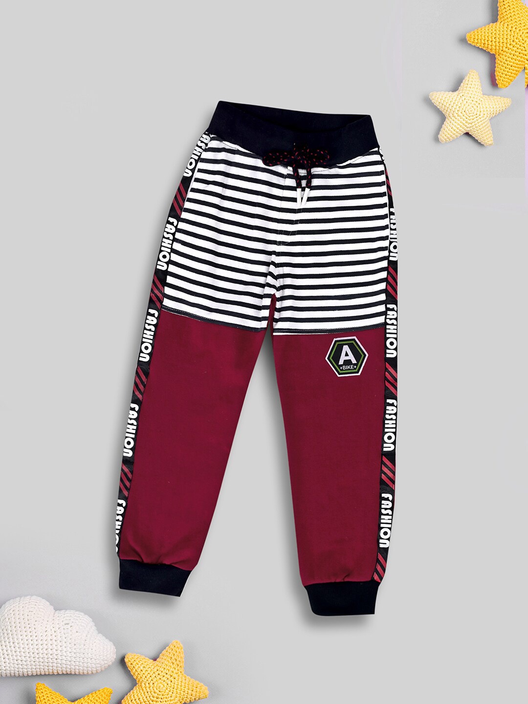 

V-Mart Boys Striped Cotton Mid-Rise Joggers, Maroon