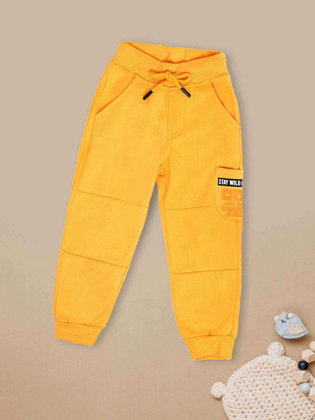 

V-Mart Boys Typography Printed Mid Rise Cotton Joggers, Yellow