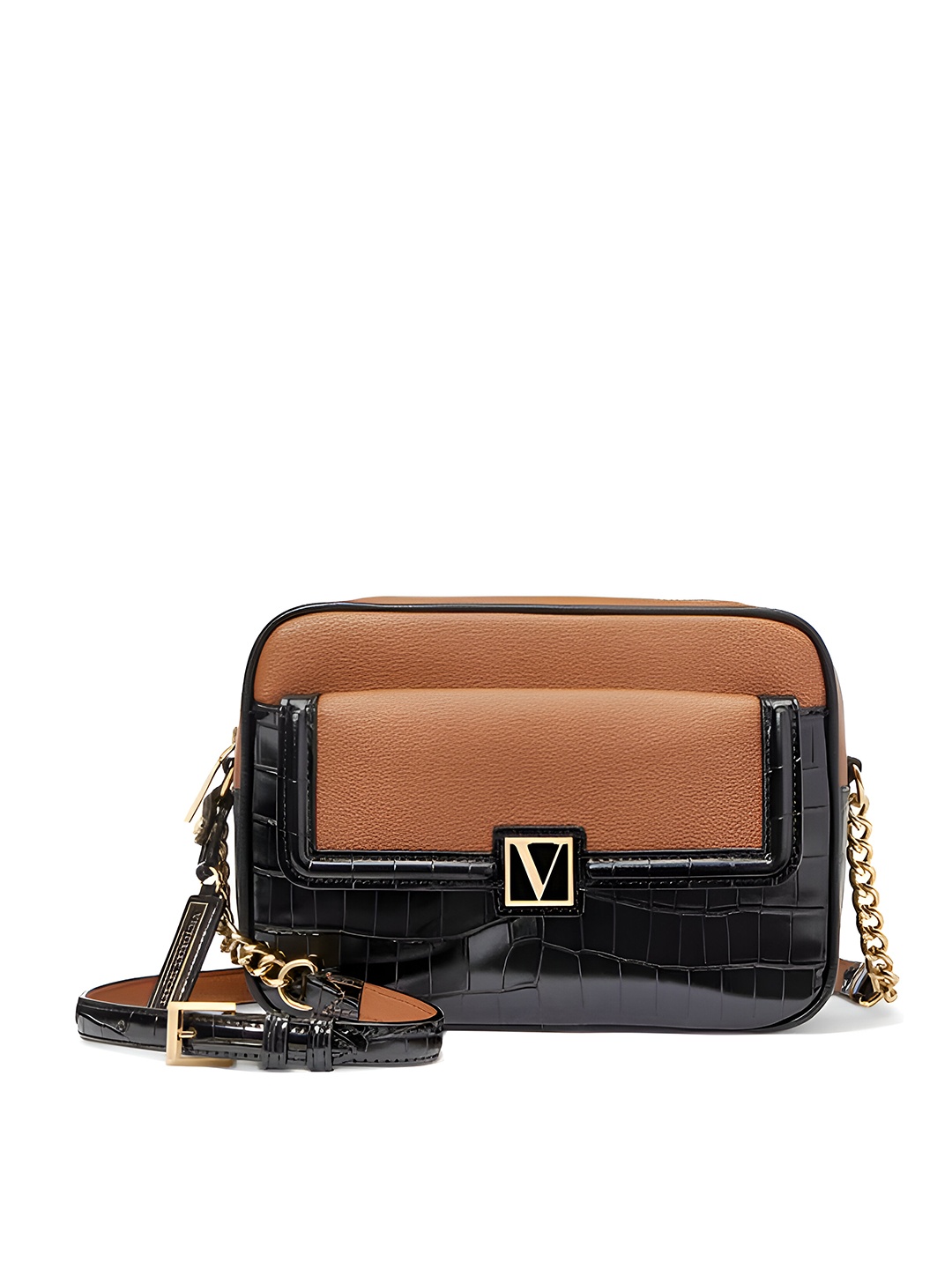 

Victoria's Secret Colourblocked & Croc- Textured Structured Sling Bag, Tan