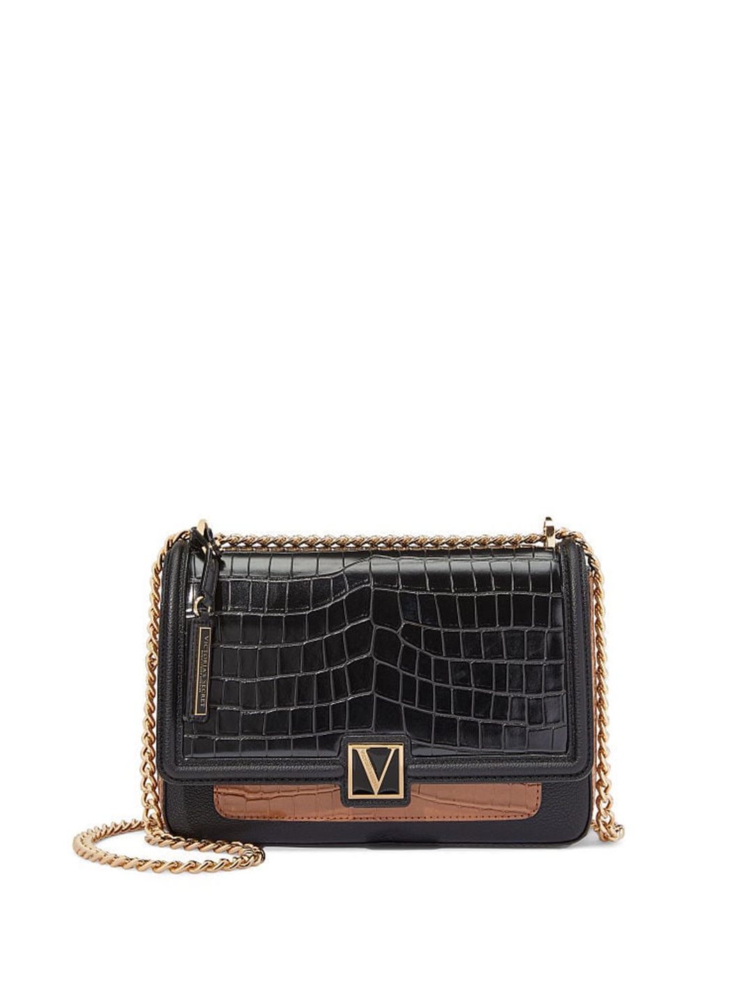 

Victoria's Secret Women Colourblocked Croc Textured Structured Shoulder Bag, Black