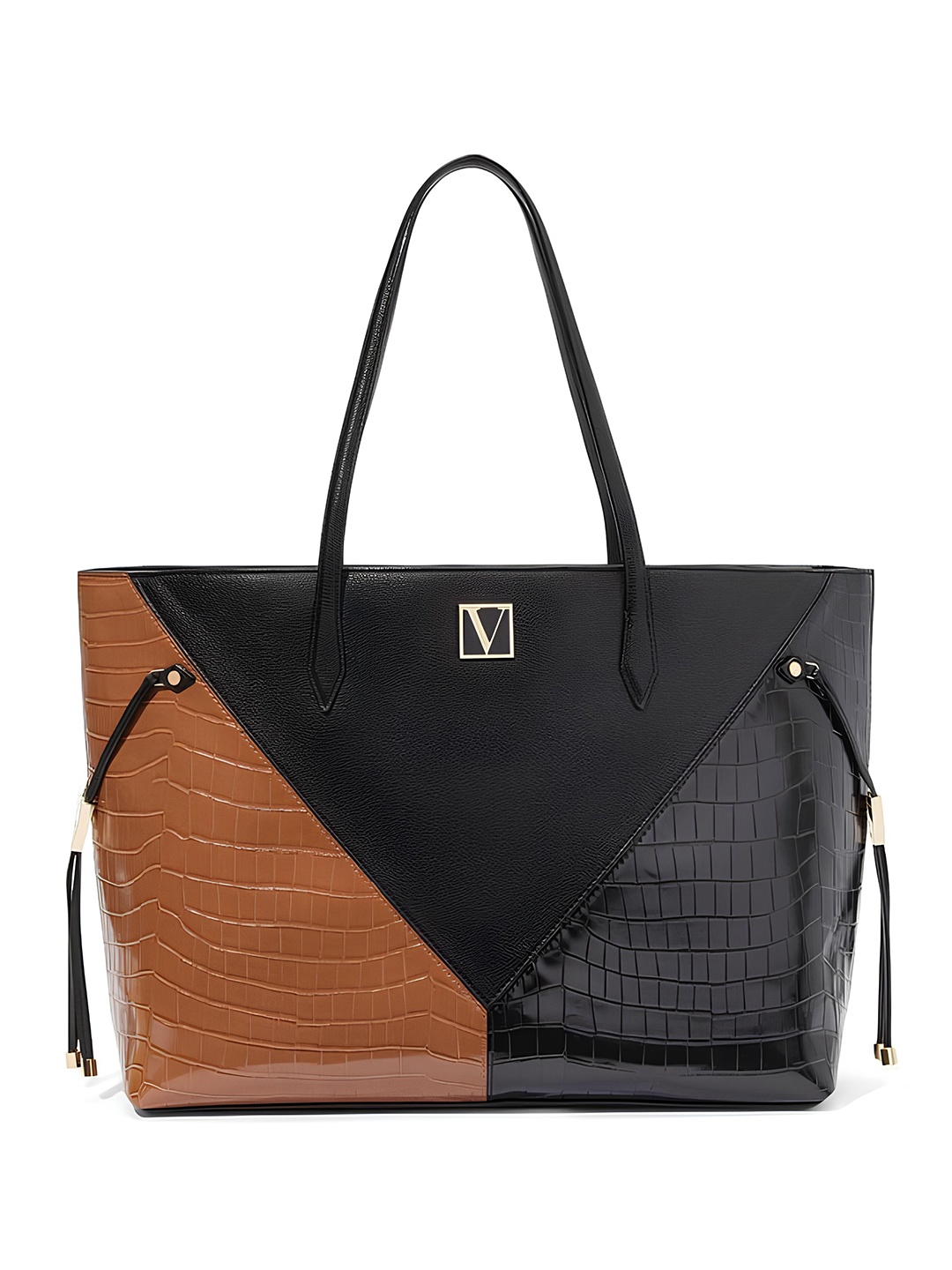 

Victoria's Secret Colourblocked & Croc- Textured Structured Shoulder Bag, Black