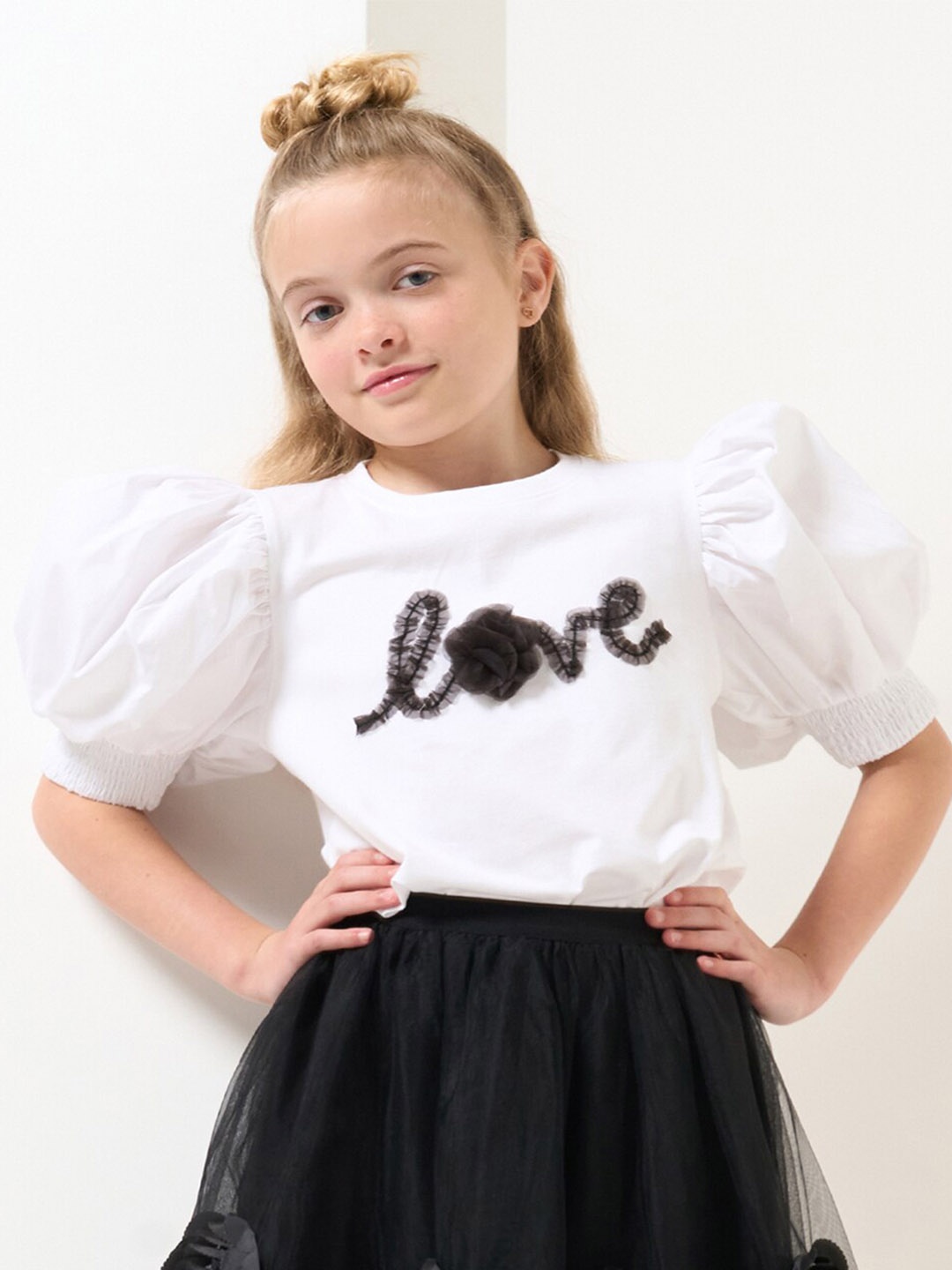 

Angel & Rocket Girls Typography Embellished Puff Sleeves Cotton Top, White