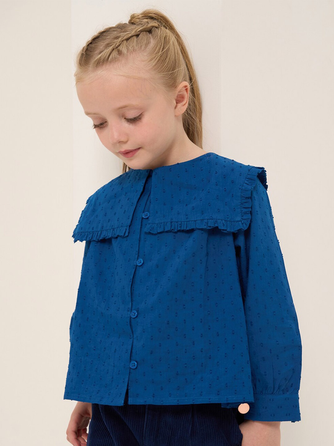 

Angel & Rocket Girls Self Design Cuffed Sleeves Cotton Top, Blue