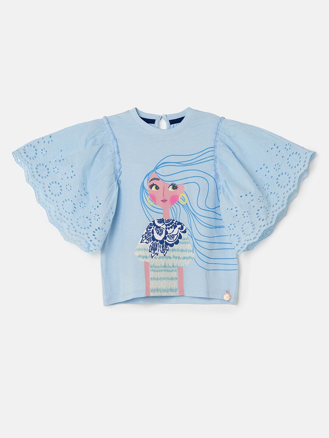 

Angel & Rocket Girls Graphic Printed Flared Sleeves Schiffli Cotton Top, Blue