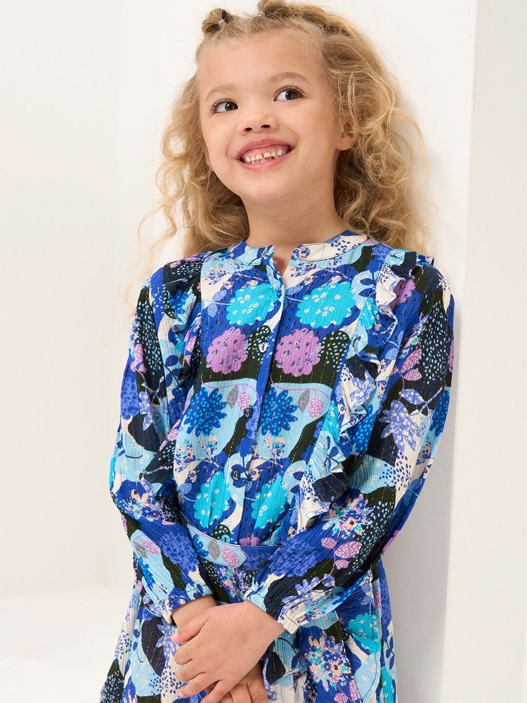 

Angel & Rocket Girls Floral Printed Band Collar Puff Sleeves Shirt Style Top, Blue