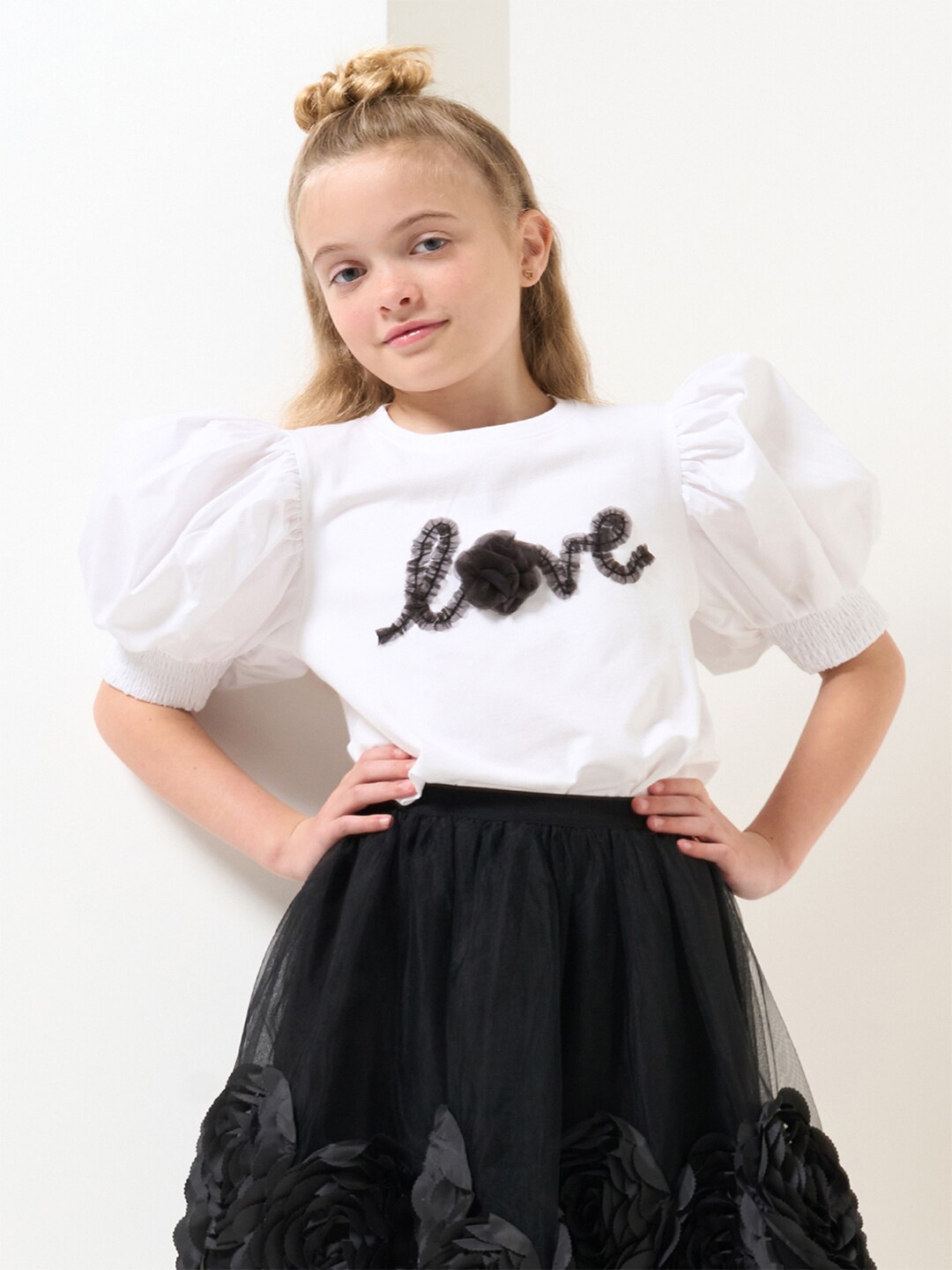 

Angel & Rocket Girls Typography Self Design Round Neck Puff Sleeves Cotton Regular Top, White