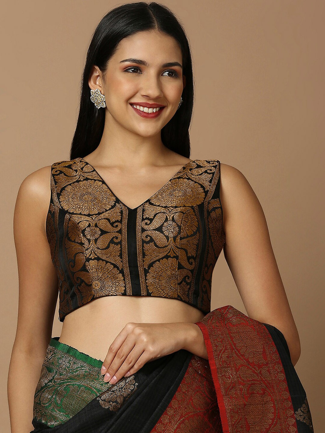 

SALWAR STUDIO Zari Woven Design V-Neck Brocade Saree Blouse, Black