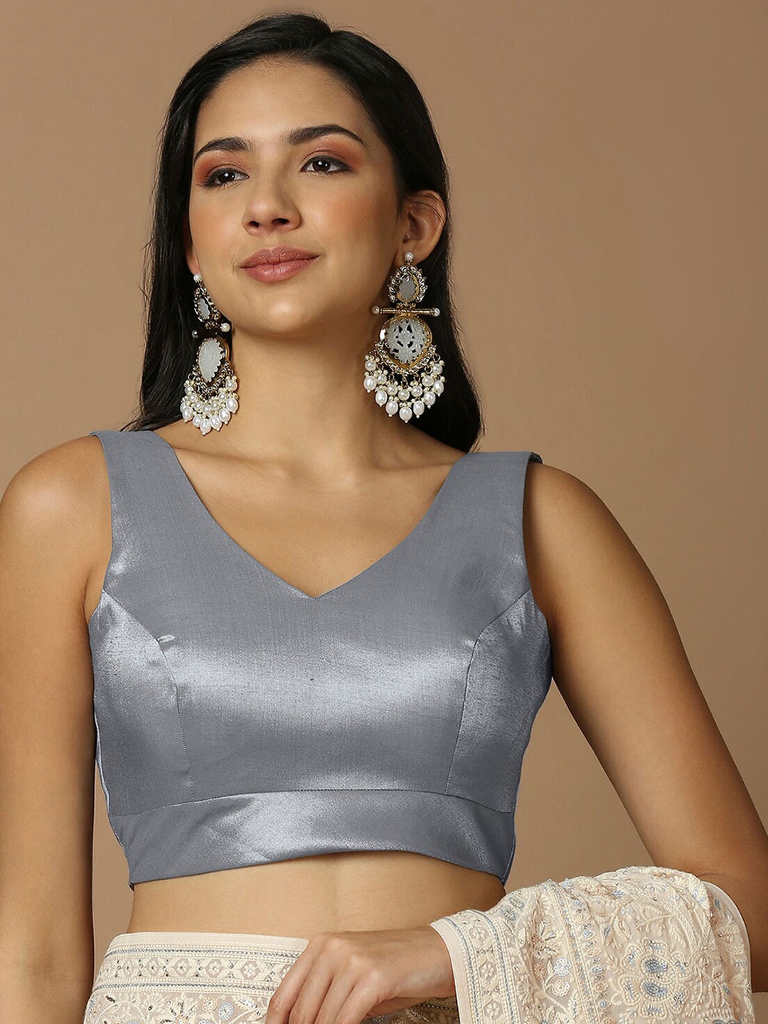 

SALWAR STUDIO V-Neck Sleeveless Silk Saree Blouse, Grey