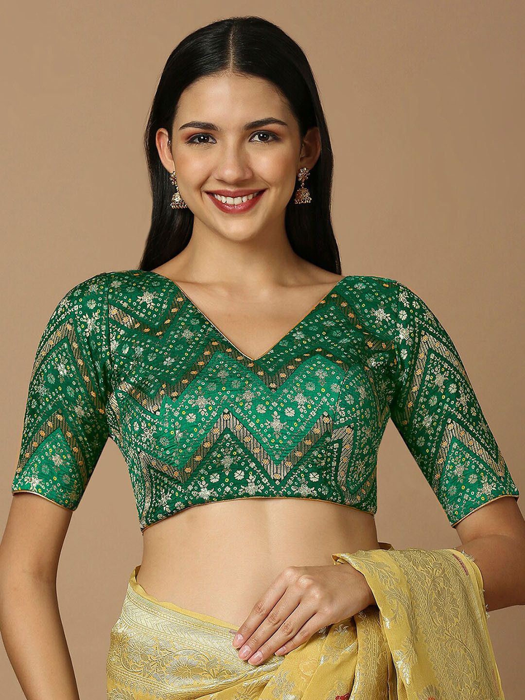 

SALWAR STUDIO Ethnic Motifs Woven Design Brocade Saree Blouse, Green