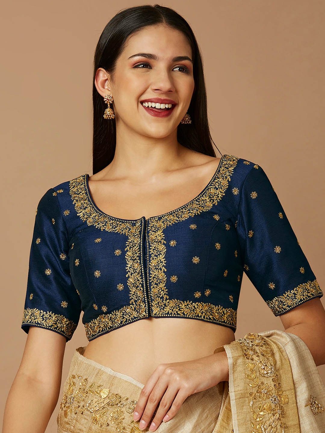 

SALWAR STUDIO Embroidered Scoop Neck Zari Silk Saree Blouse, Navy blue