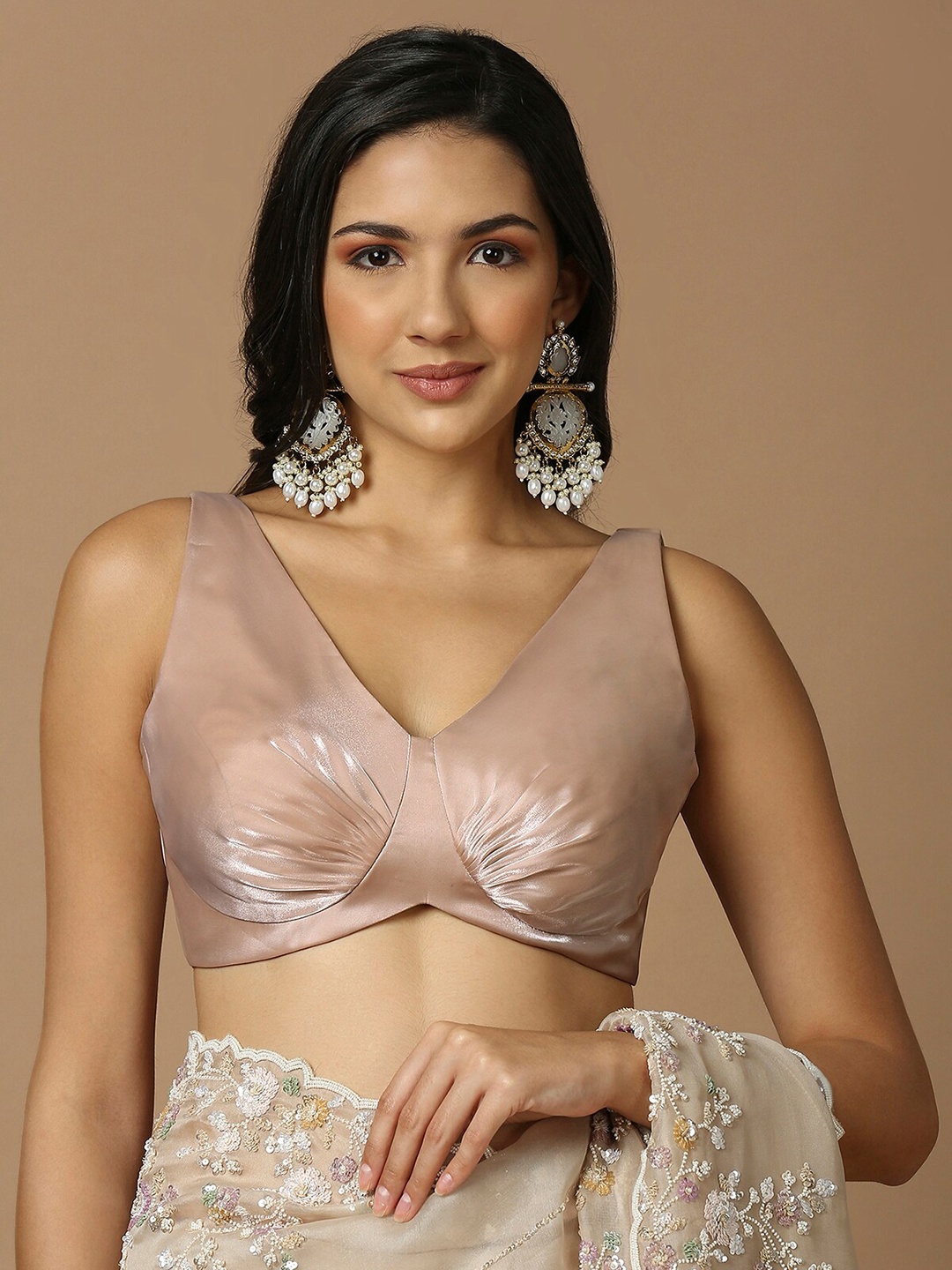 

SALWAR STUDIO Ruched Silk Saree Blouse, Beige