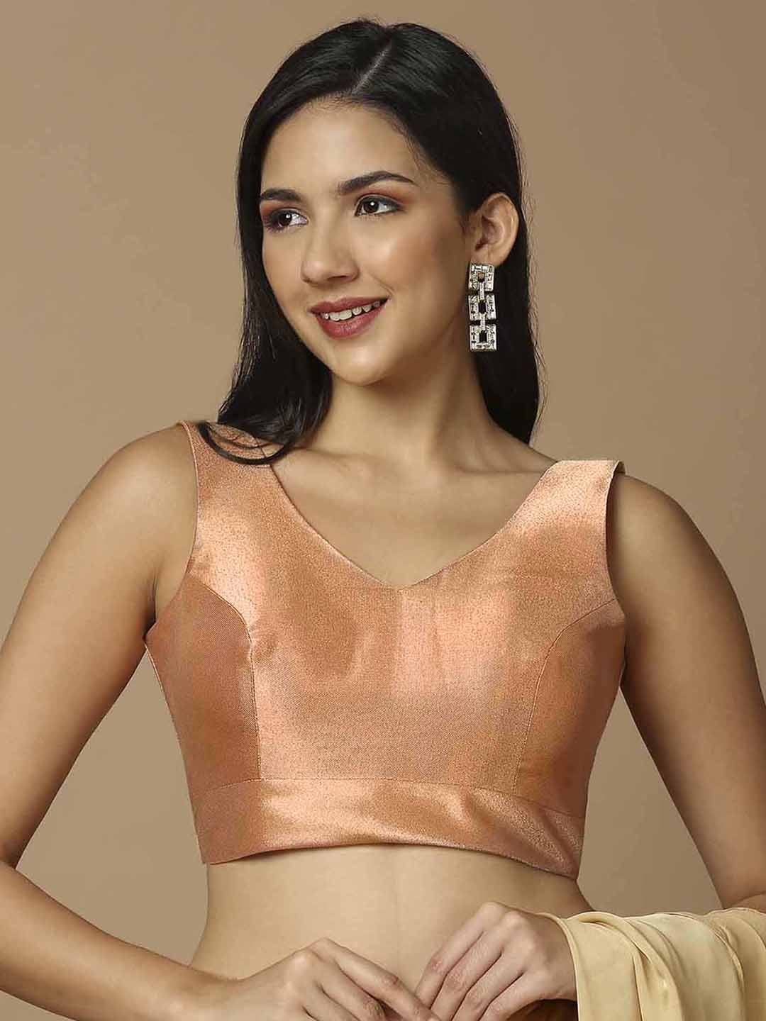 

SALWAR STUDIO V-Neck Silk Saree Blouse, Rose gold