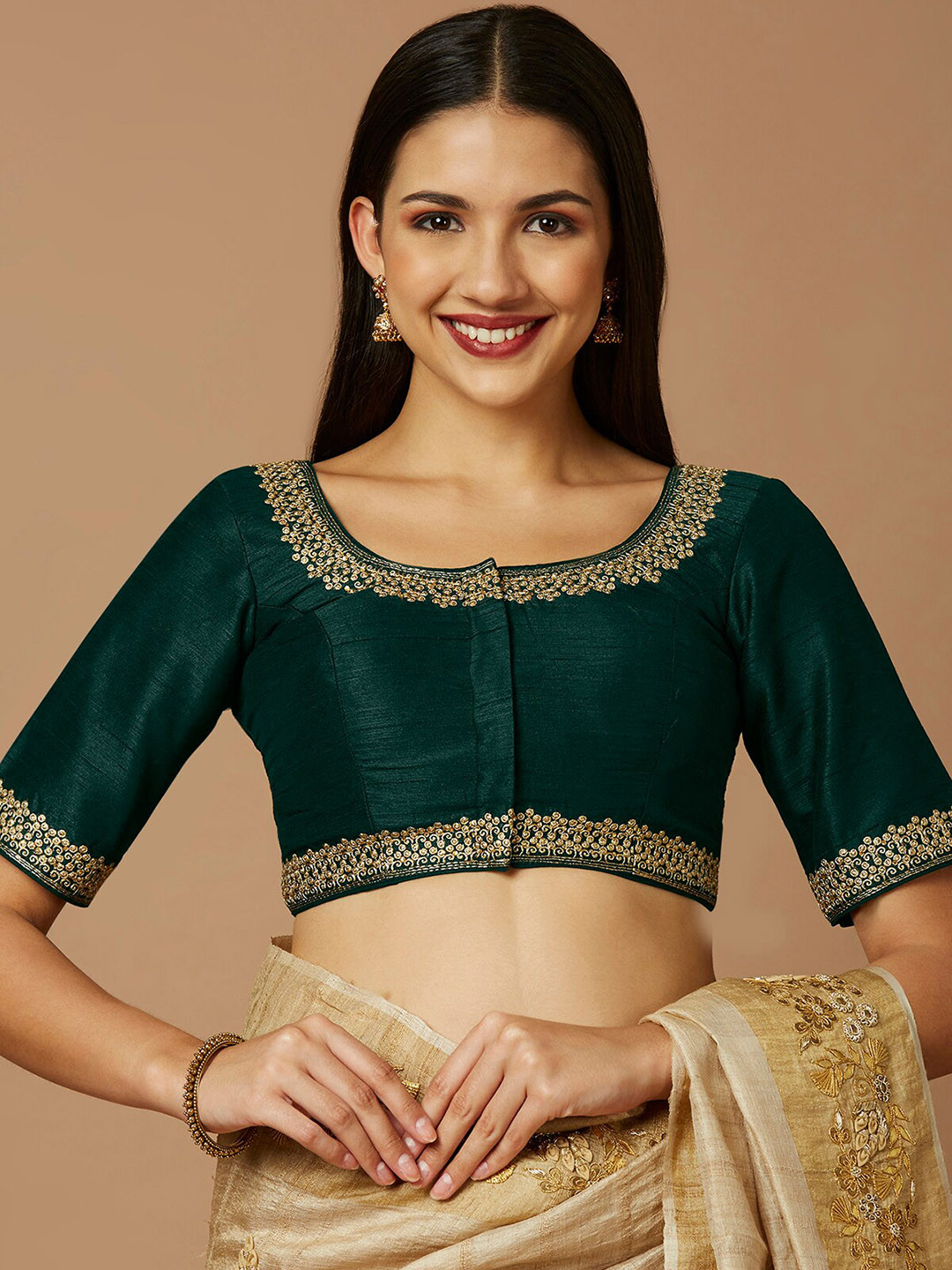 

SALWAR STUDIO Embroidered Thread Work Detailed Silk Saree Blouse, Green