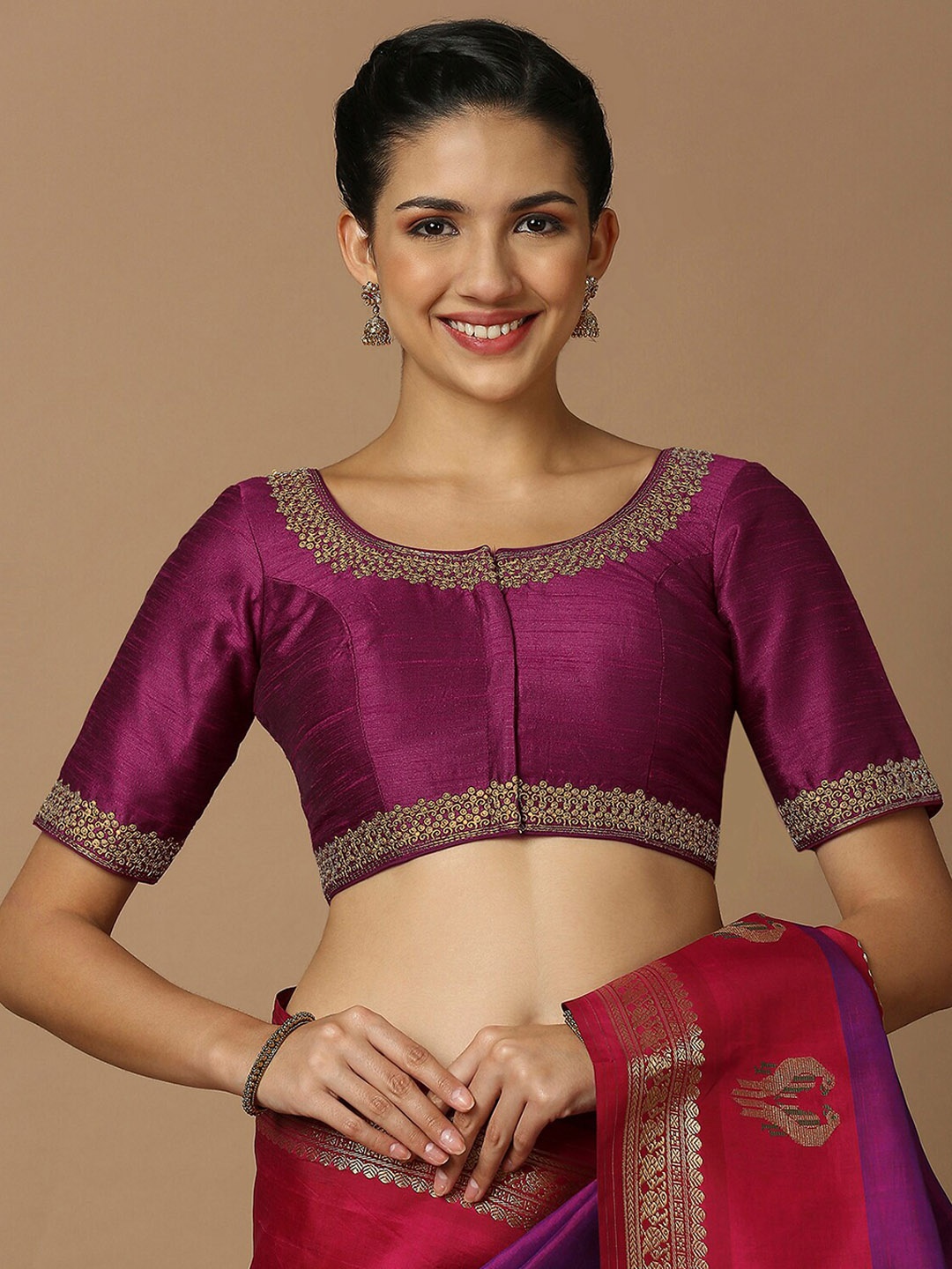 

SALWAR STUDIO Embroidered Thread Work Detailed Silk Saree Blouse, Magenta
