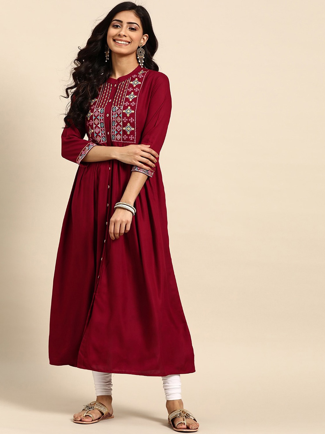 

RANGMAYEE Ethnic Motifs Embroidered Panelled Anarkali Cotton Kurta, Maroon