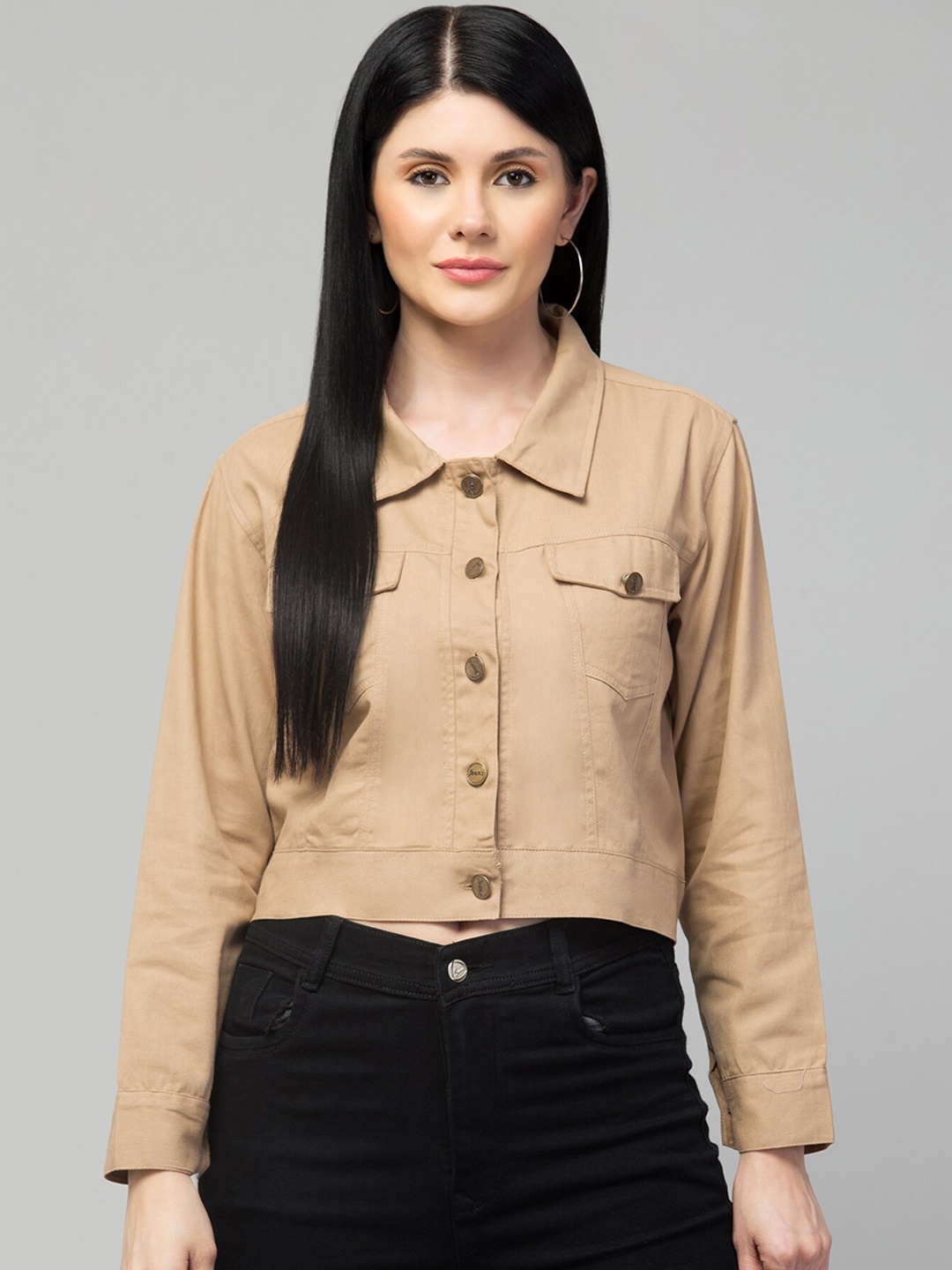 

Chemistry Spread Collar Crop Denim Jacket, Brown