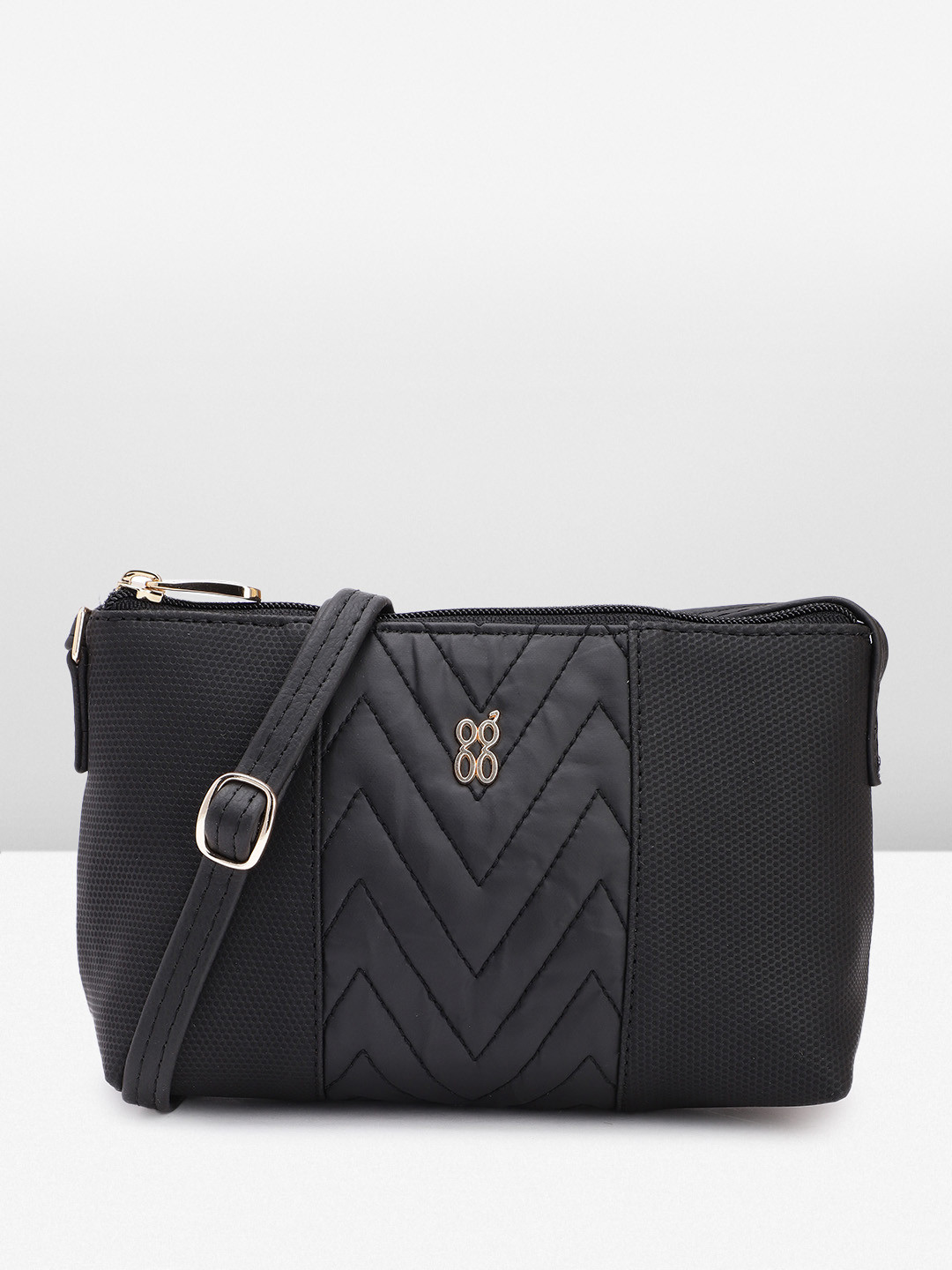 

Baggit Geometric Textured PU Structured Sling Bag with Quilted Detail, Black