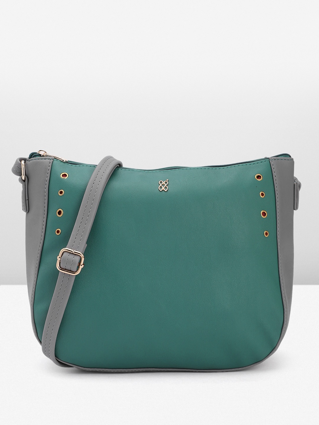 

Baggit Colourblocked Structured Sling Bag with Cut Work Detail, Green