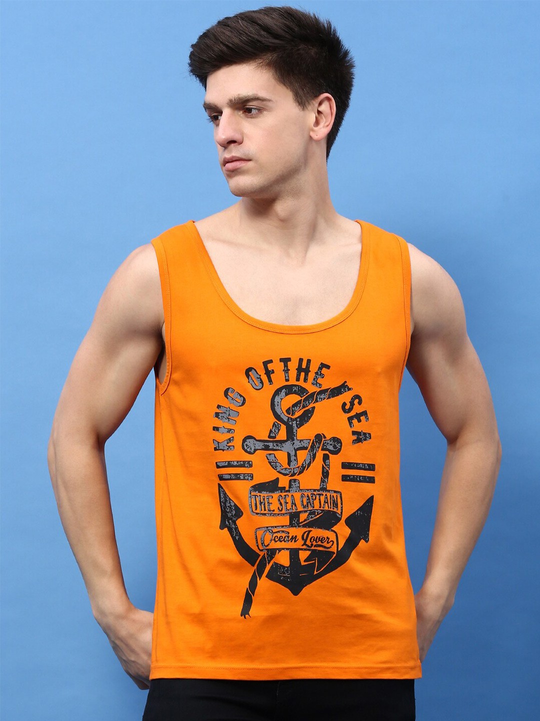 

MASH UNLIMITED Typography Printed Scoop Neck Sleeveless Pure Cotton T-shirt, Orange