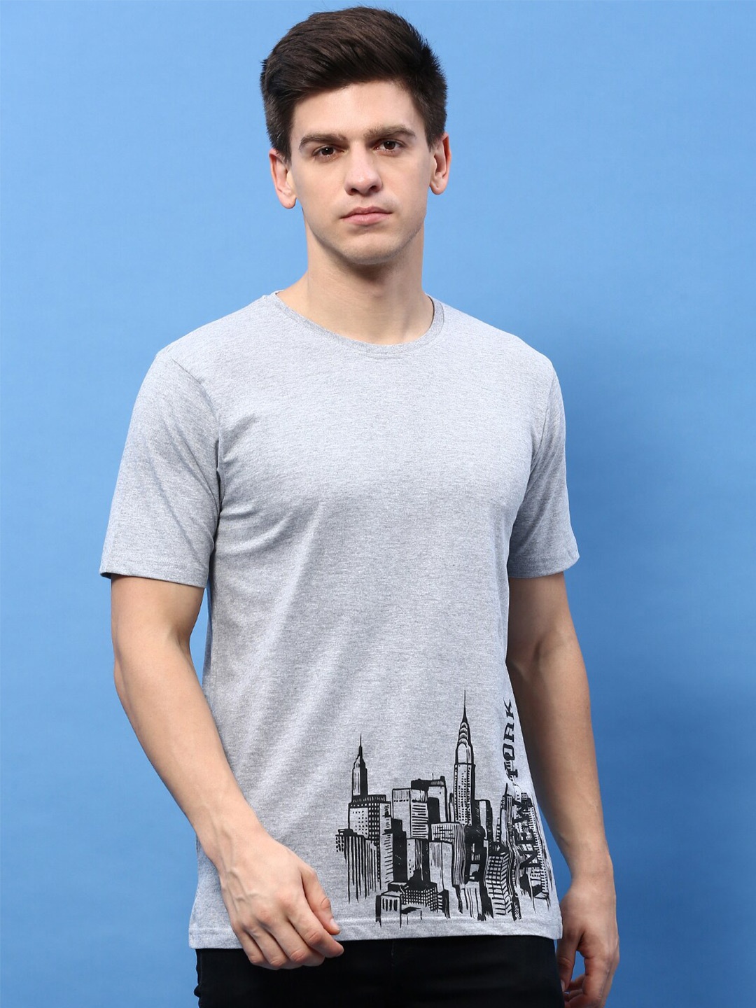 

MASH UNLIMITED Printed Round Neck Cotton T-shirt, Grey melange