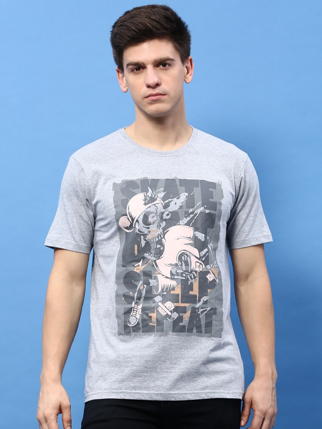 

MASH UNLIMITED Graphic Printed Short Sleeves Pure Cotton T-shirt, Grey melange