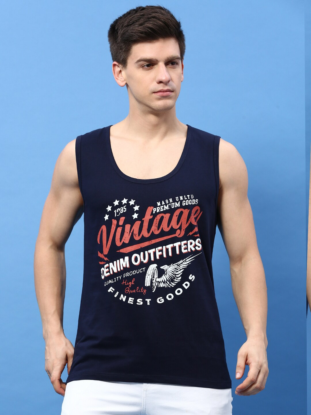 

MASH UNLIMITED Typography Printed Sleeveless Pure Cotton T-shirt, Navy blue
