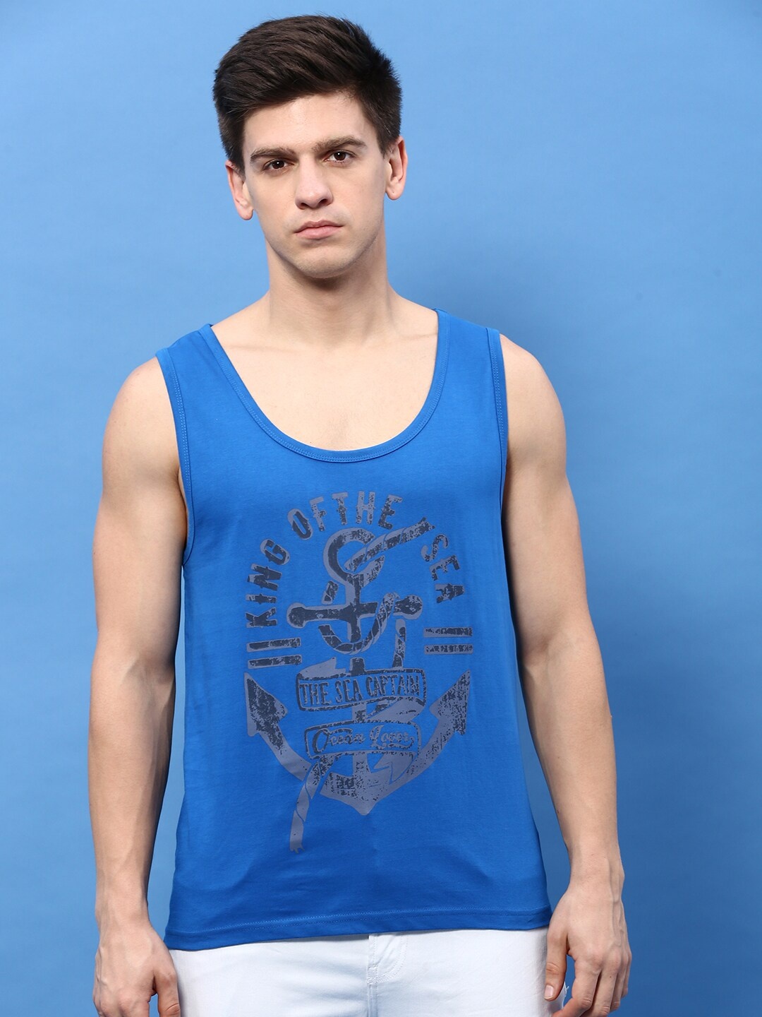 

MASH UNLIMITED Graphic Printed Sleeveless Pure Cotton T-shirt, Blue