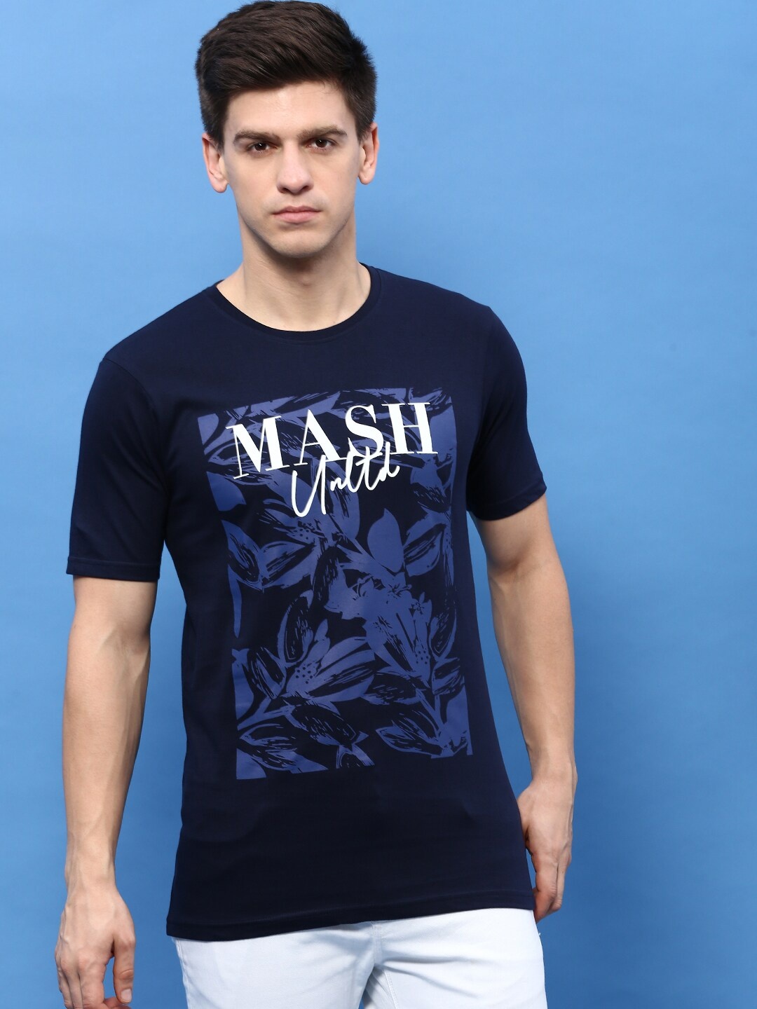 

MASH UNLIMITED Graphic Printed Pure Cotton T-shirt, Navy blue