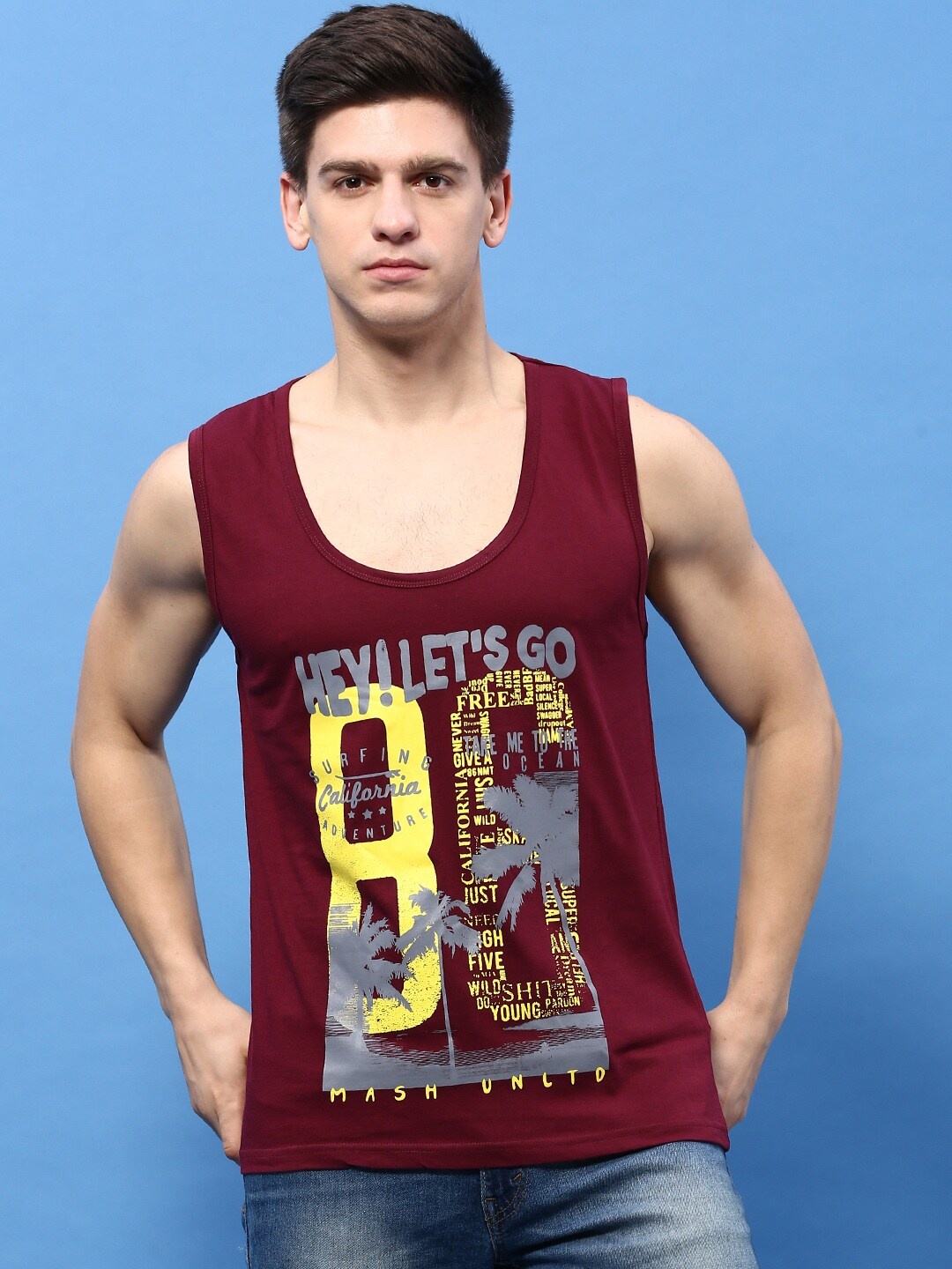 

MASH UNLIMITED Typography Printed Scoop Neck Sleeveless Pure Cotton T-shirt, Maroon