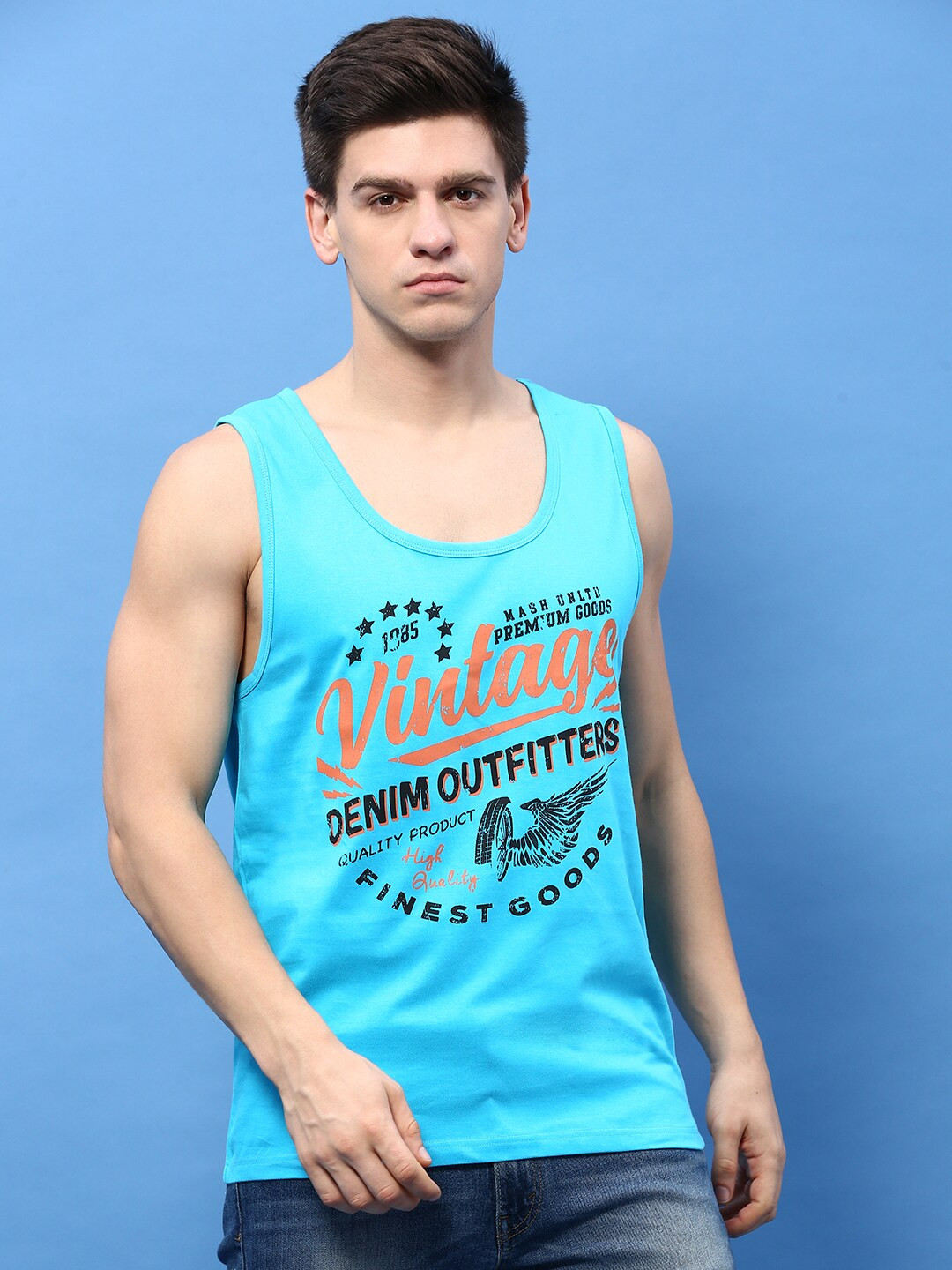 

MASH UNLIMITED Typography Printed Scoop Neck Sleeveless Pure Cotton T-shirt, Turquoise blue