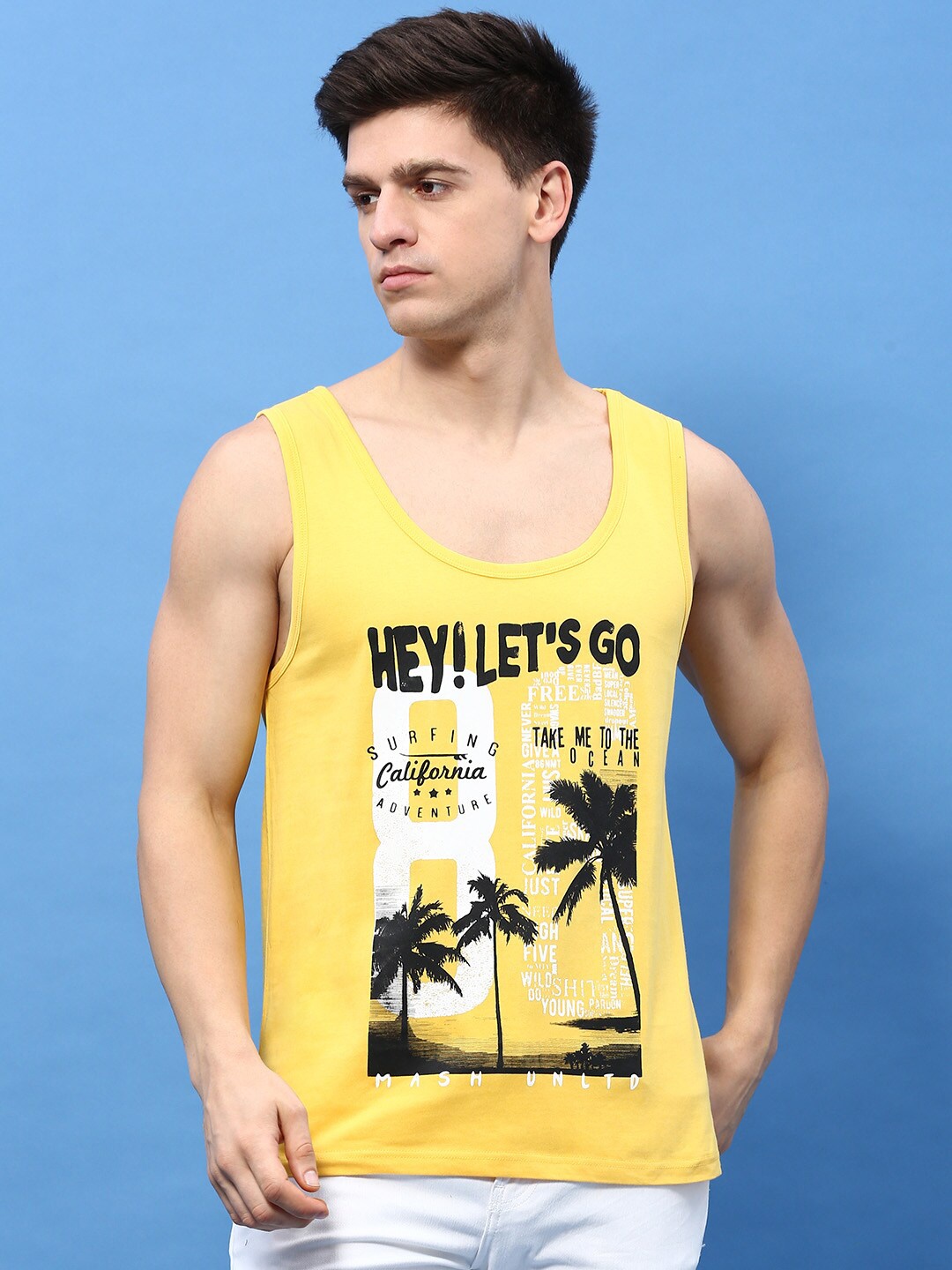 

MASH UNLIMITED Printed Sleeveless Cotton T-shirt, Yellow