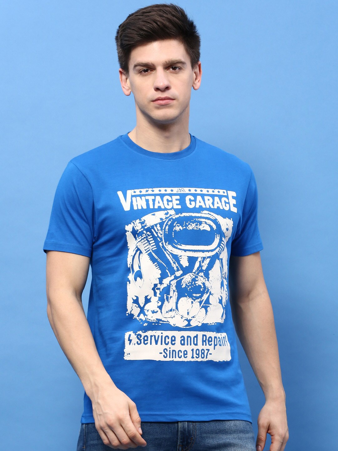 

MASH UNLIMITED Printed Round Neck Cotton T-shirt, Blue