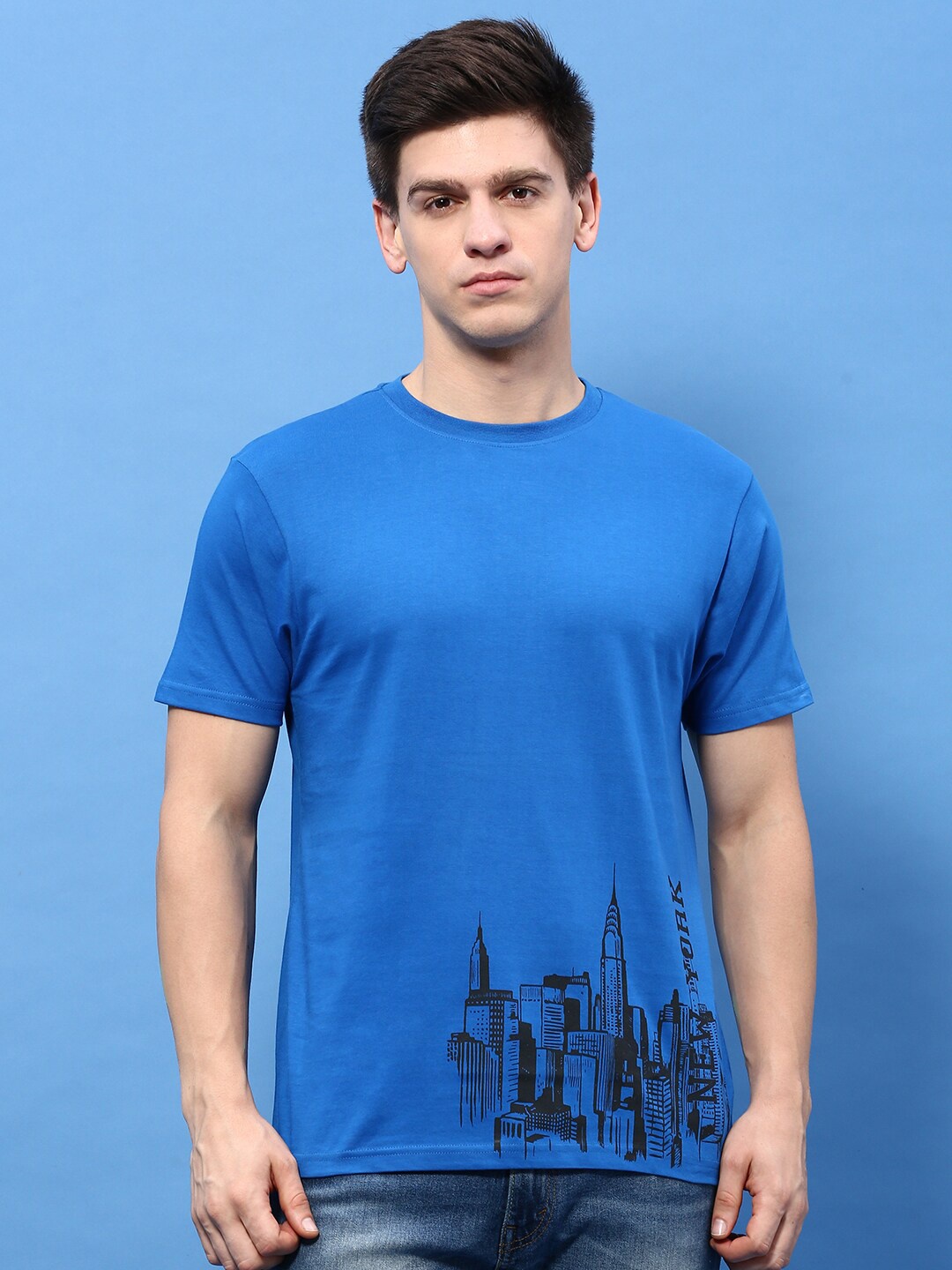 

MASH UNLIMITED People & Place Printed Short Sleeves Pure Cotton T-shirt, Blue