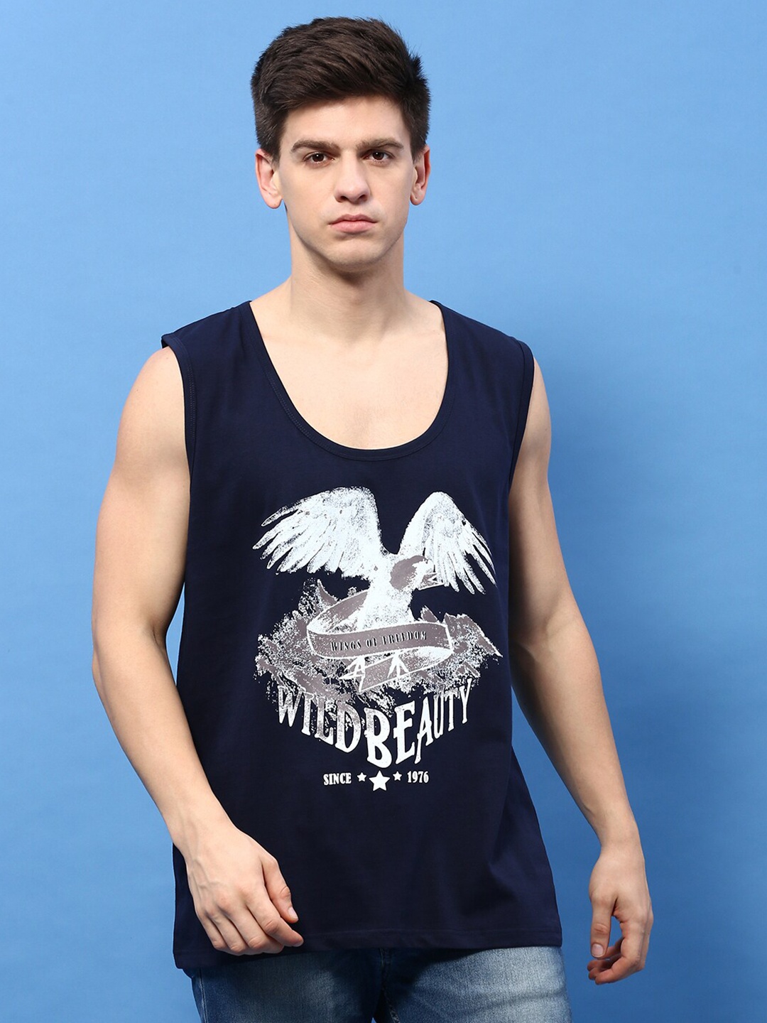 

MASH UNLIMITED Graphic Printed Sleeveless Pure Cotton T-shirt, Navy blue