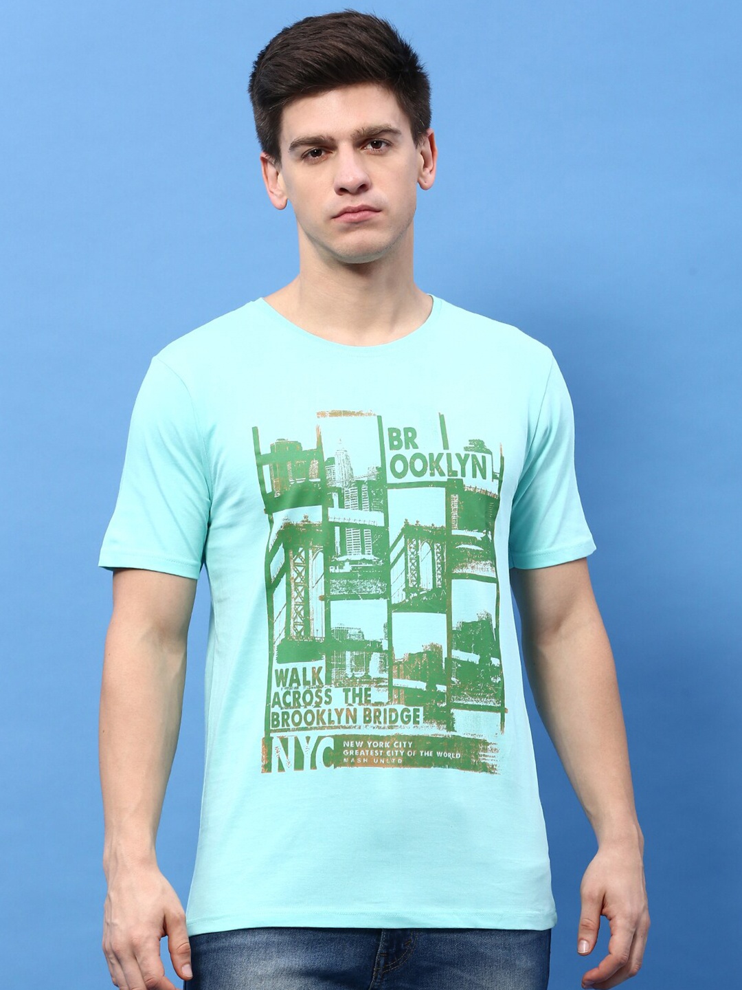 

MASH UNLIMITED People & Places Printed Short Sleeves Pure Cotton T-shirt, Turquoise blue