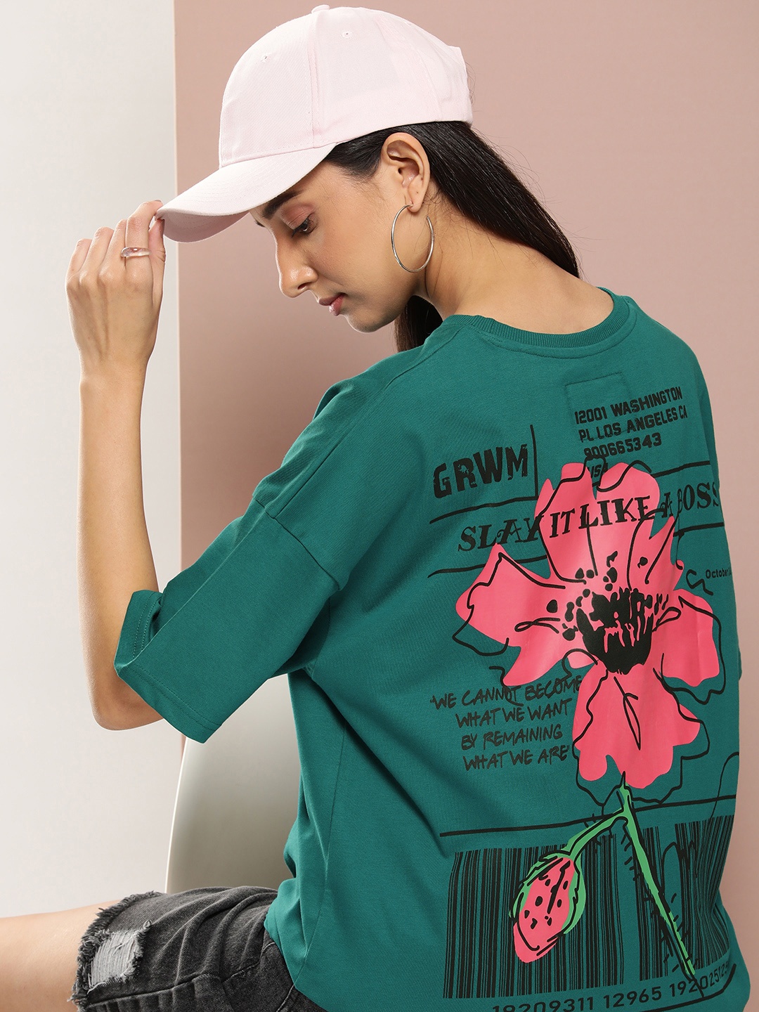 

Stormborn Printed Drop-Shoulder Sleeves Oversized Pure Cotton T-shirt, Green