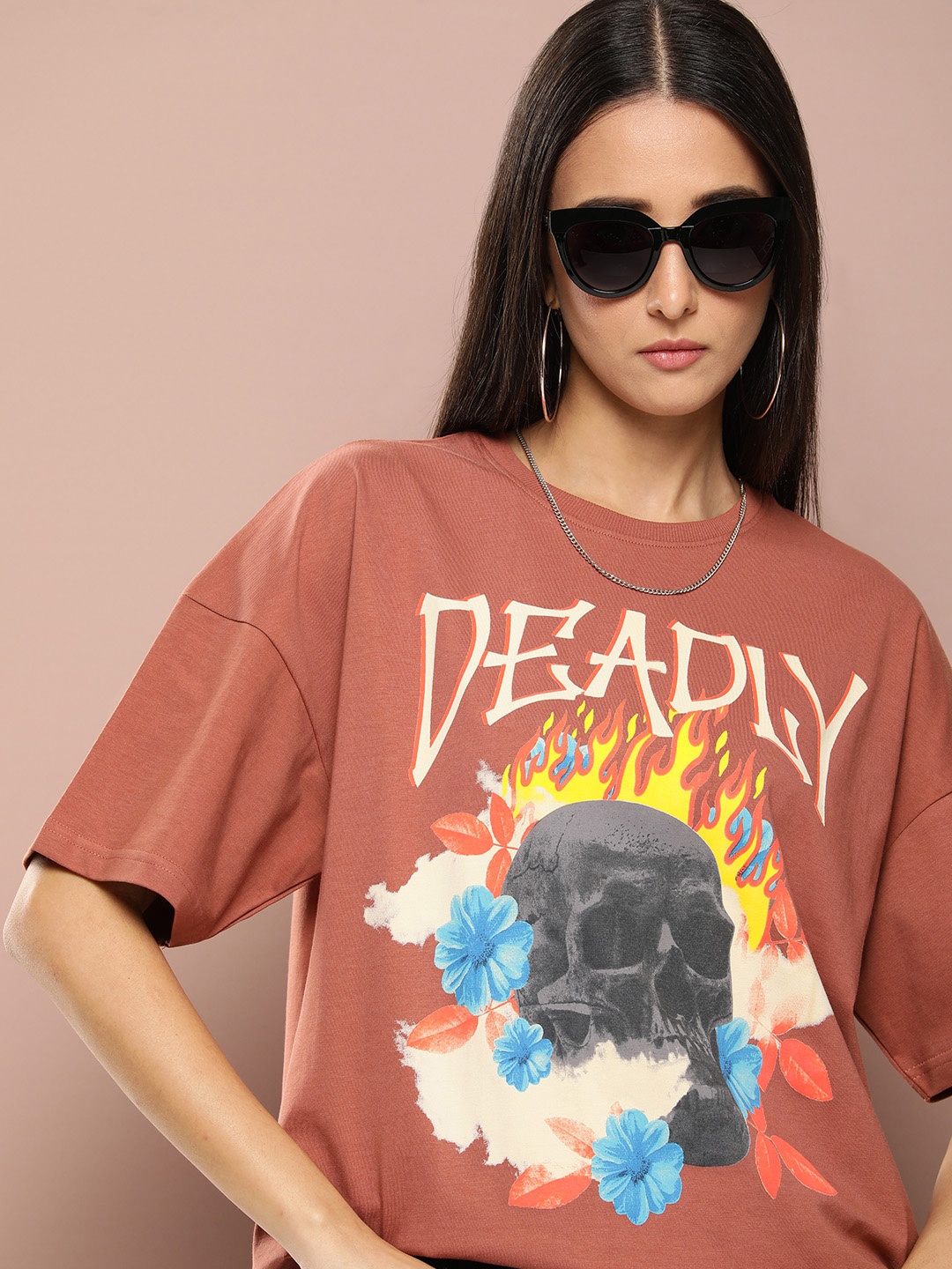 

Stormborn Women Printed Pure Cotton Oversized Drop-Shoulder T-shirt, Brown