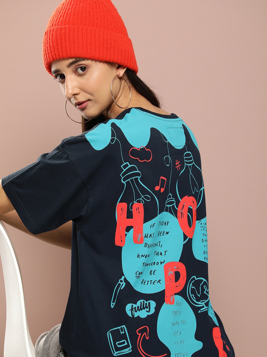 

Stormborn Printed Drop-Shoulder Sleeves Oversized Pure Cotton T-shirt, Navy blue