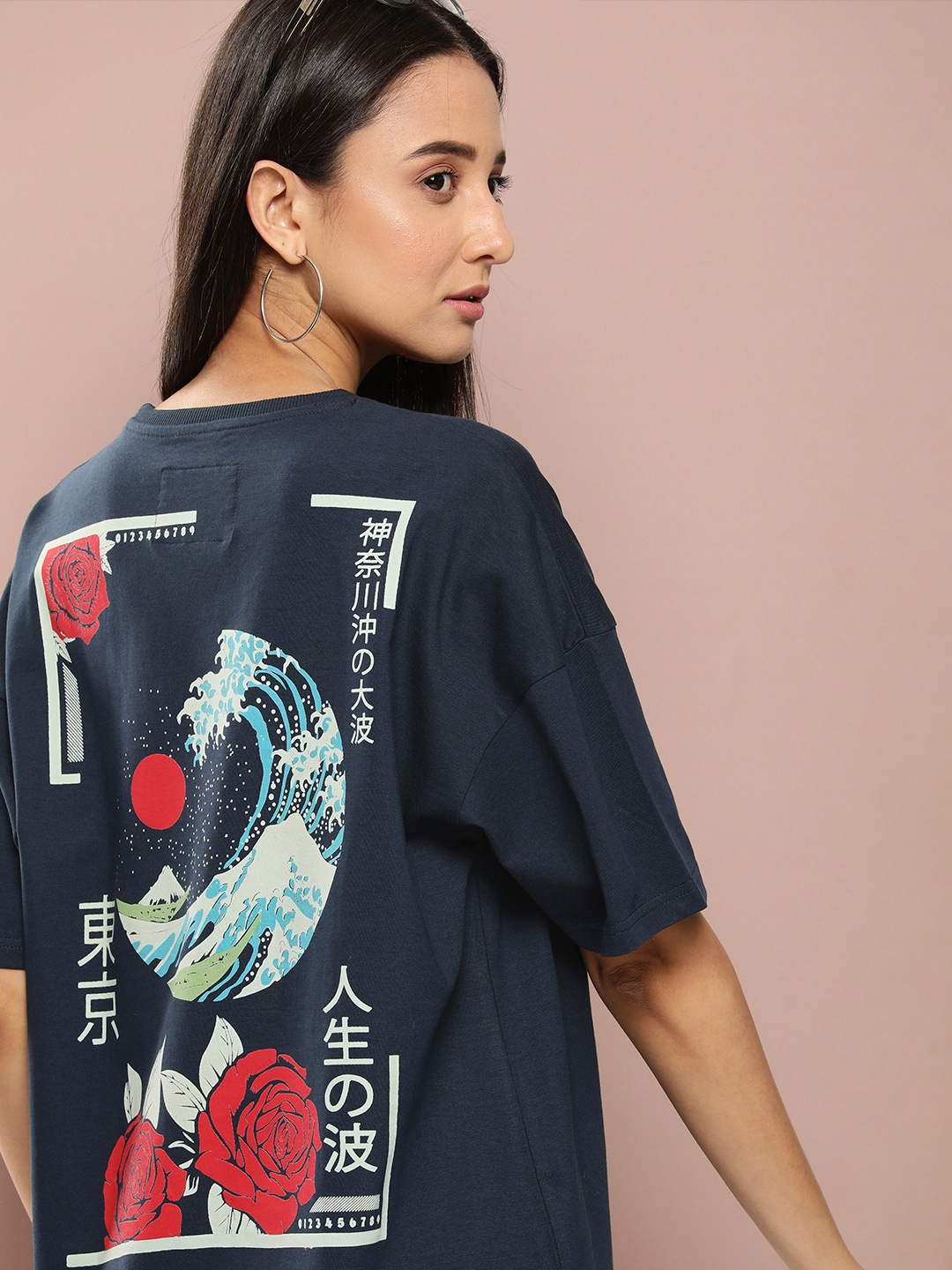 

Stormborn Women Drop-Shoulder Sleeves Oversized Pure Cotton T-shirt, Navy blue